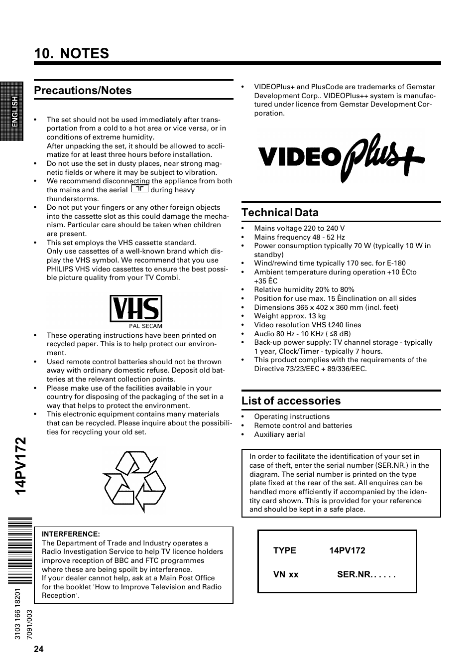 Technical data, List of accessories | Philips Combi 14 PV 172 User Manual | Page 24 / 24