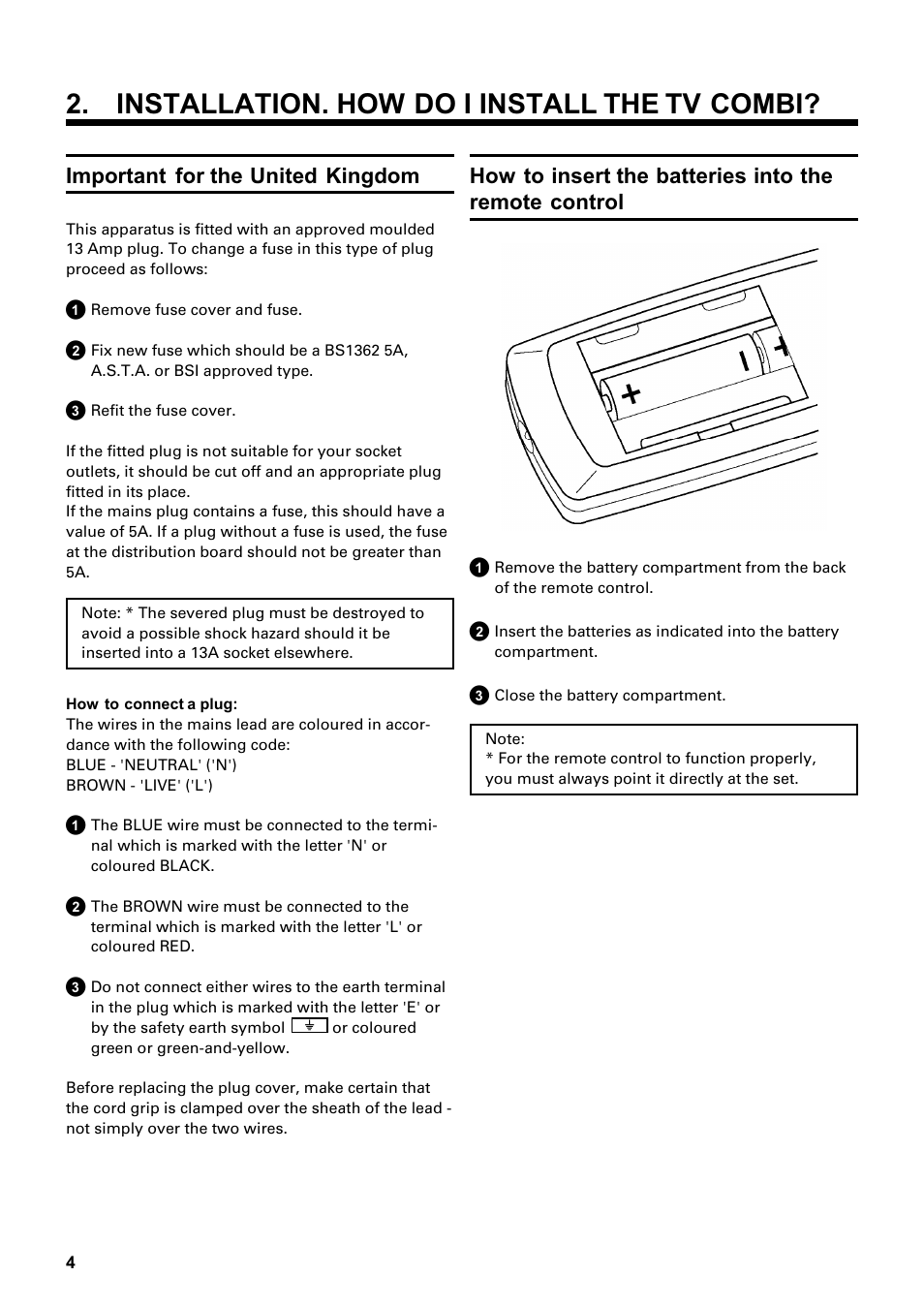 Installation. how do i install the tv combi, Important for the united kingdom | Philips Combi 14 PV 172 User Manual | Page 4 / 24