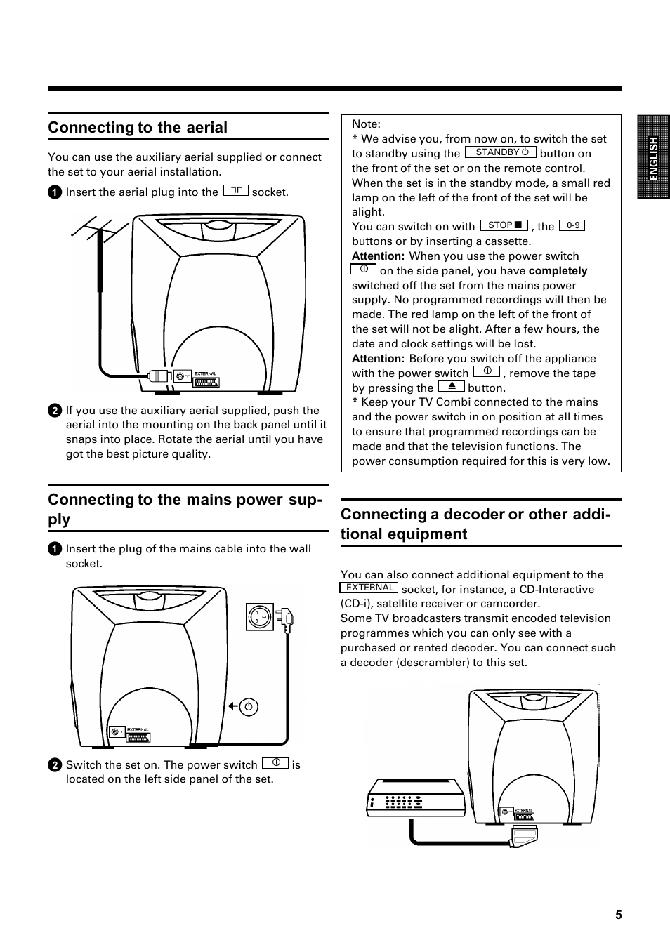 Connecting to the aerial, Connecting to the mains power sup- ply | Philips Combi 14 PV 172 User Manual | Page 5 / 24