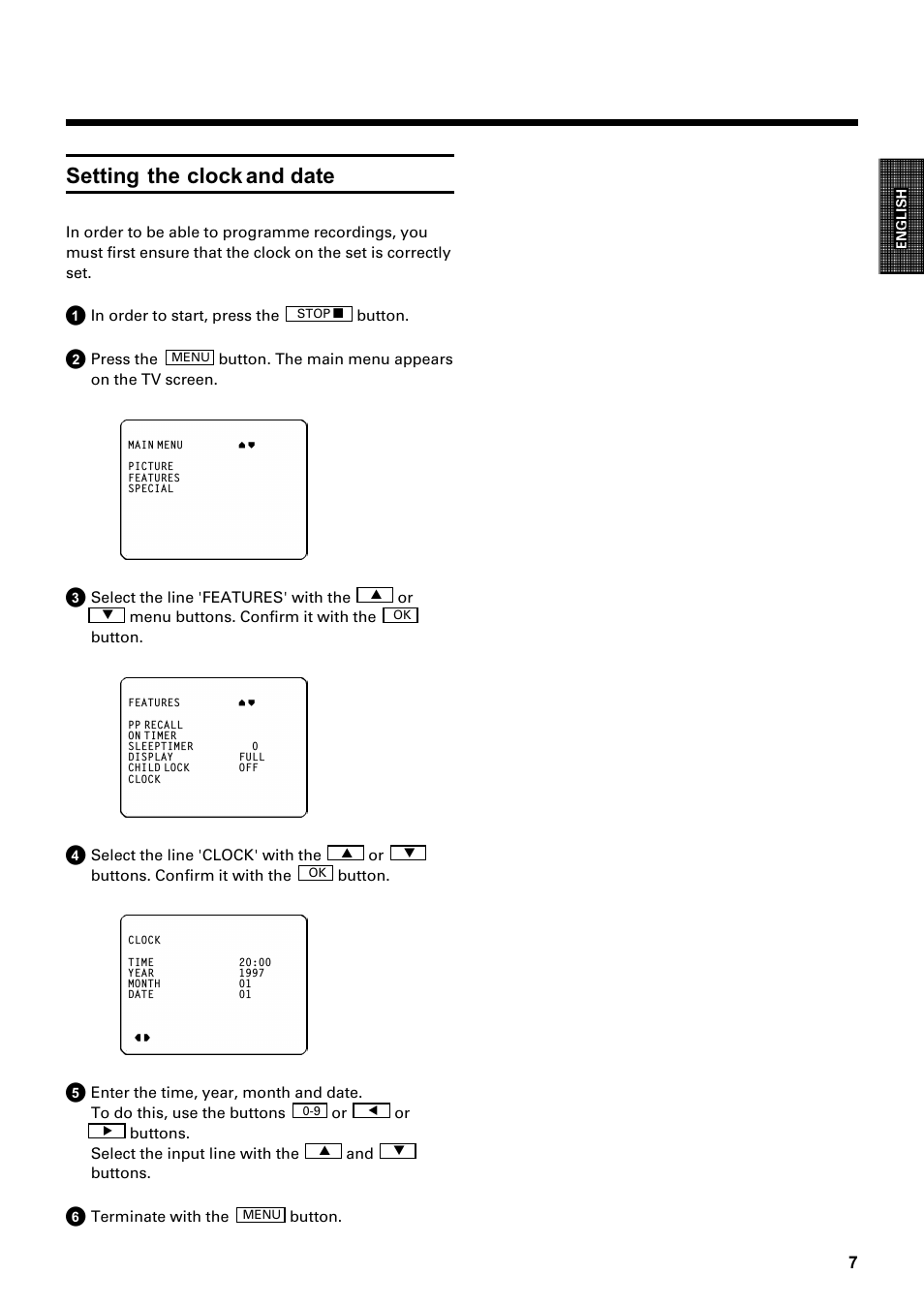 Setting the clock and date | Philips Combi 14 PV 172 User Manual | Page 7 / 24