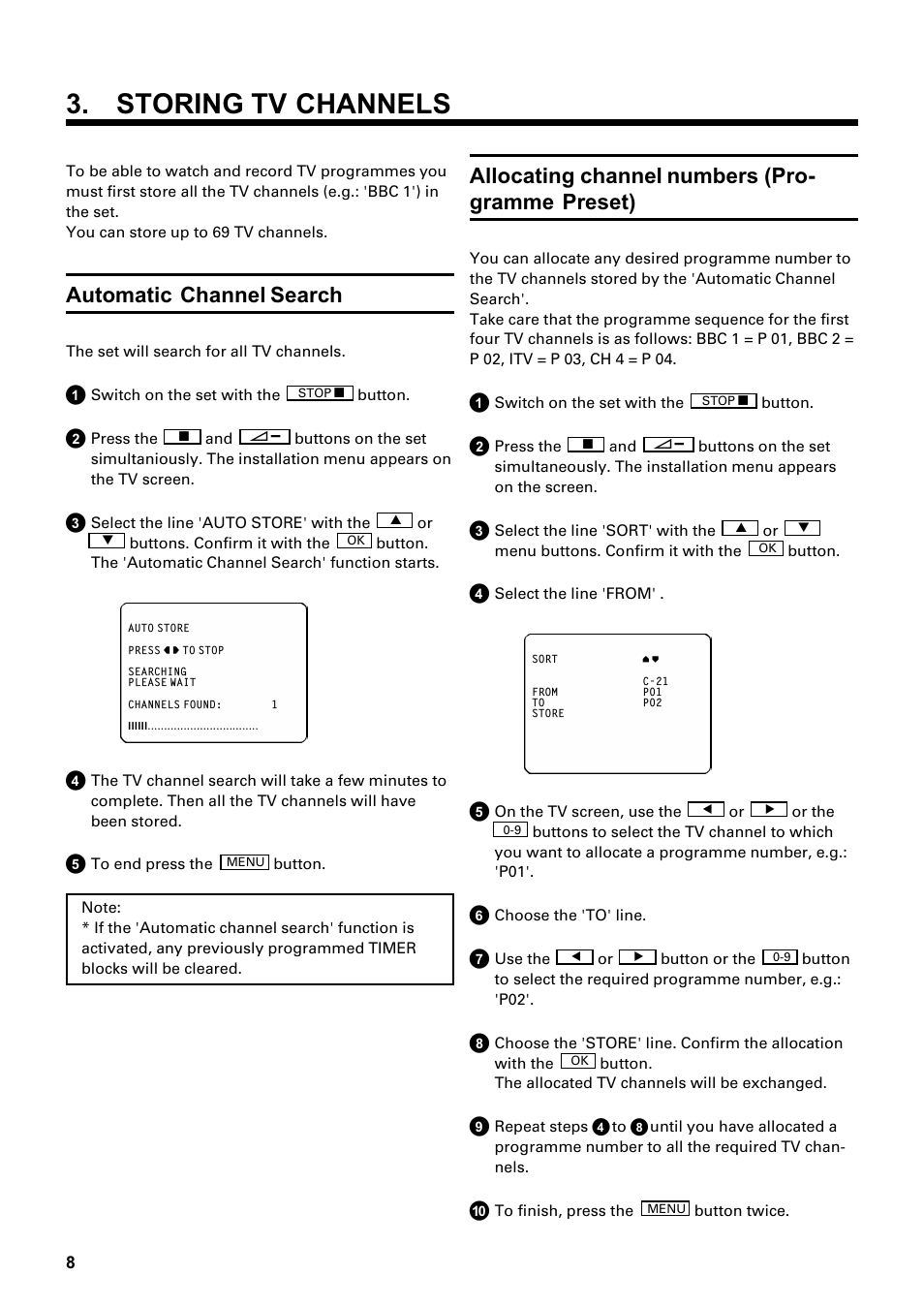 Storing tv channels, Automatic channel search, Allocating channel numbers (pro- gramme preset) | Philips Combi 14 PV 172 User Manual | Page 8 / 24