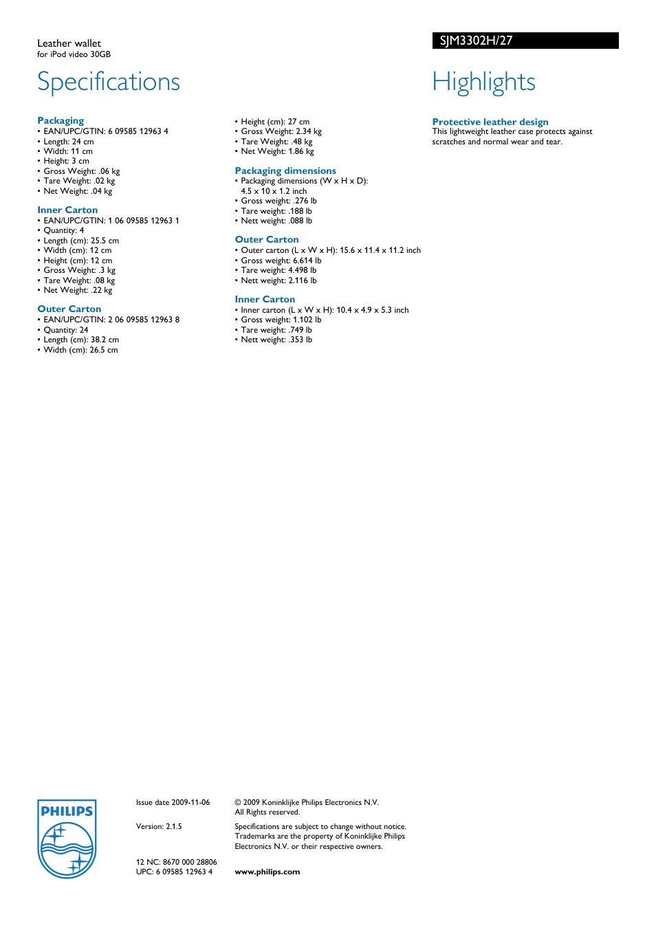 Specifications, Highlights | Philips SJM3302H User Manual | Page 2 / 2