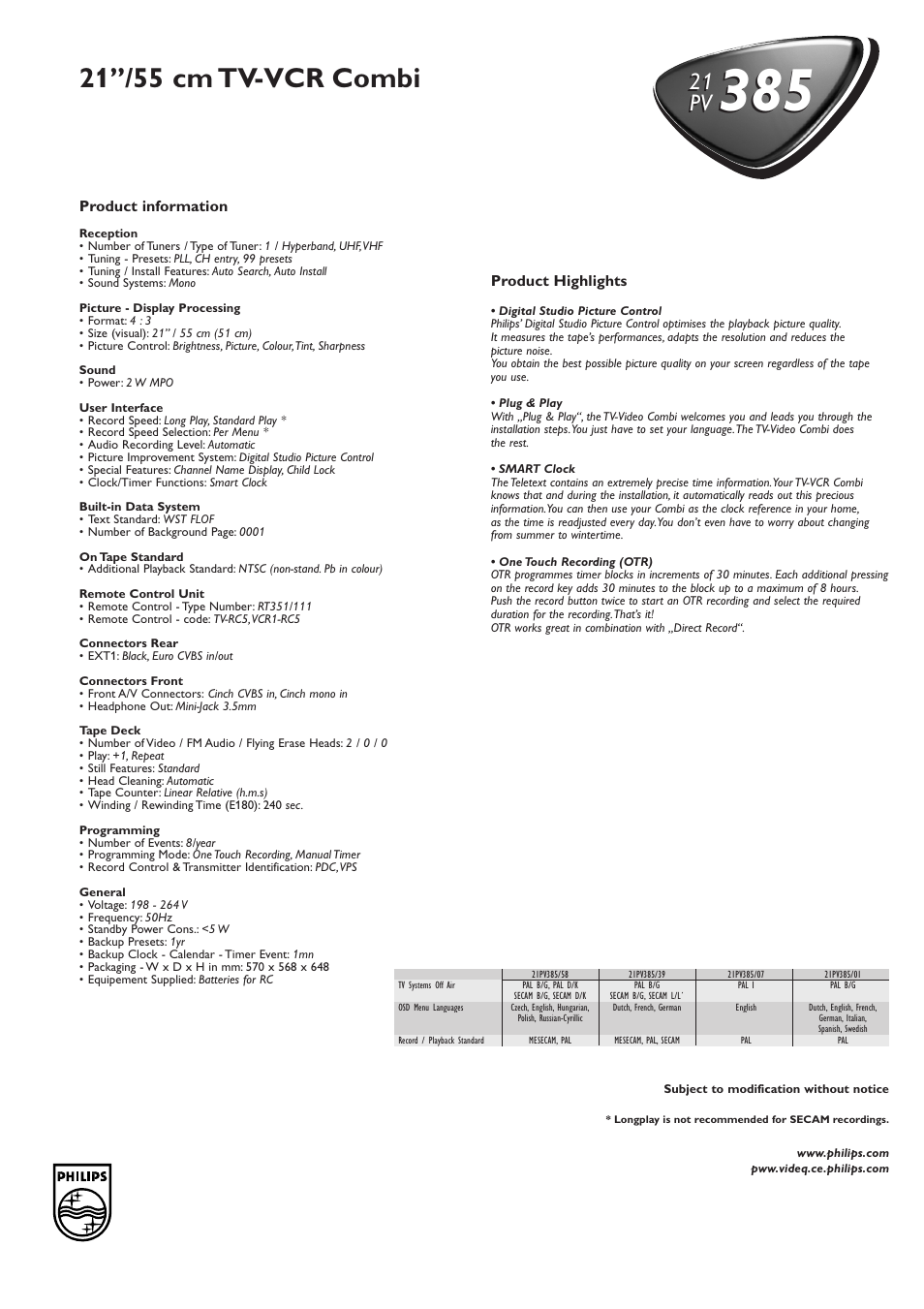 21’’/55 cm tv-vcr combi | Philips 21PV339 User Manual | Page 2 / 2