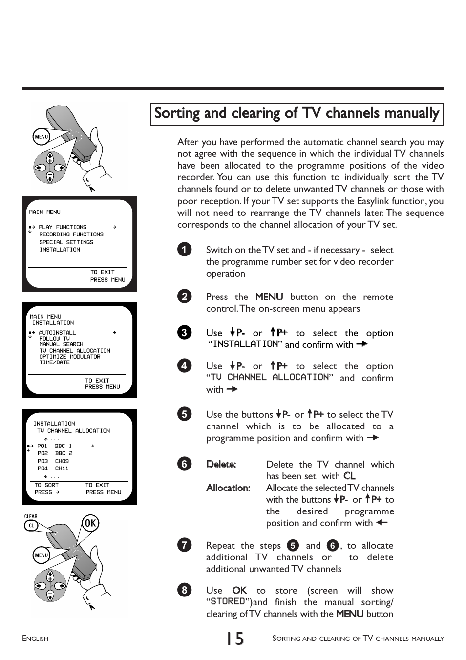 Sorting and clearing of tv channels manually | Philips VR 708A/07 User Manual | Page 15 / 56