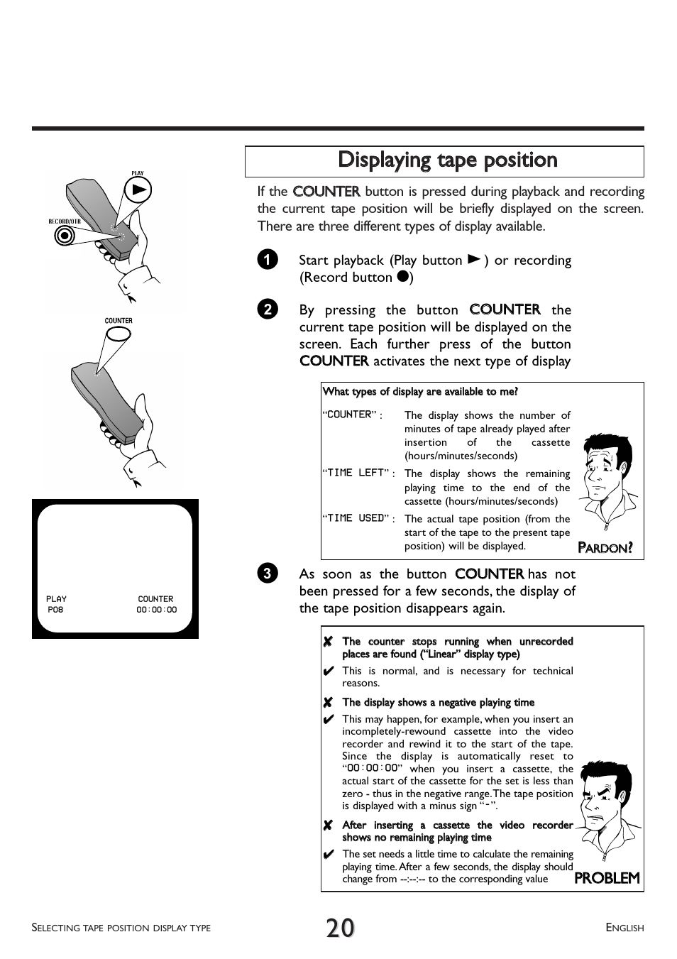 Displaying tape position, Ddiissppllaayyiinngg ttaappee ppoossiittiioonn, Pprro obblleem m | Philips VR 708A/07 User Manual | Page 20 / 56