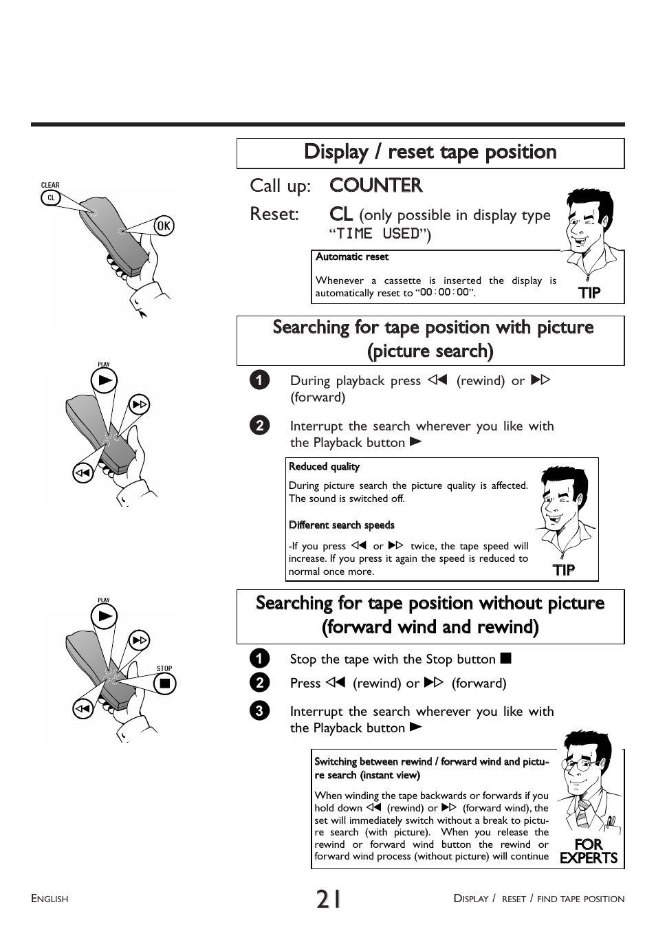 Display / reset tape position, Call up: c co ou un ntteerr reset: c cll | Philips VR 708A/07 User Manual | Page 21 / 56