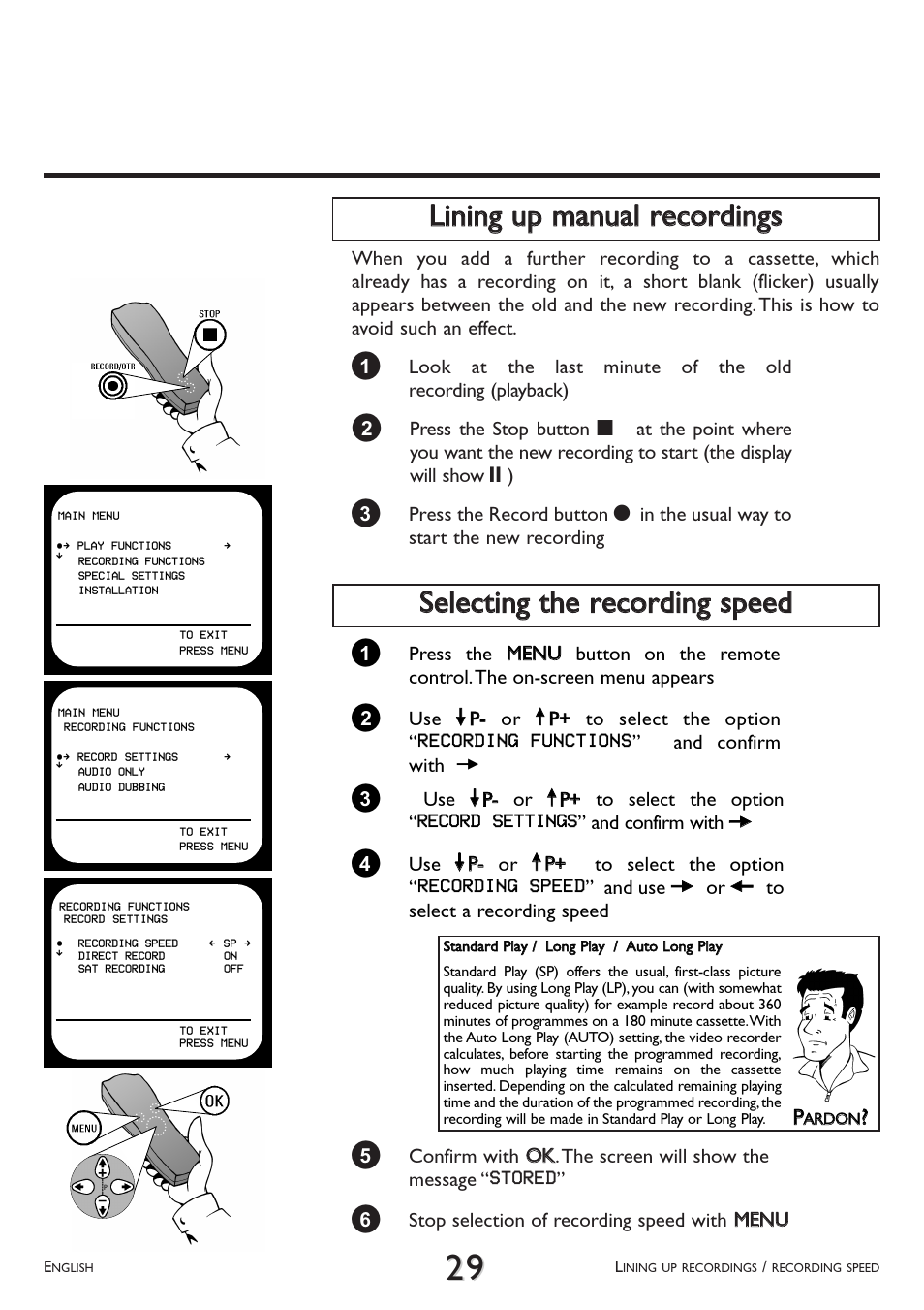 Lining up manual recordings, Selecting the recording speed | Philips VR 708A/07 User Manual | Page 29 / 56