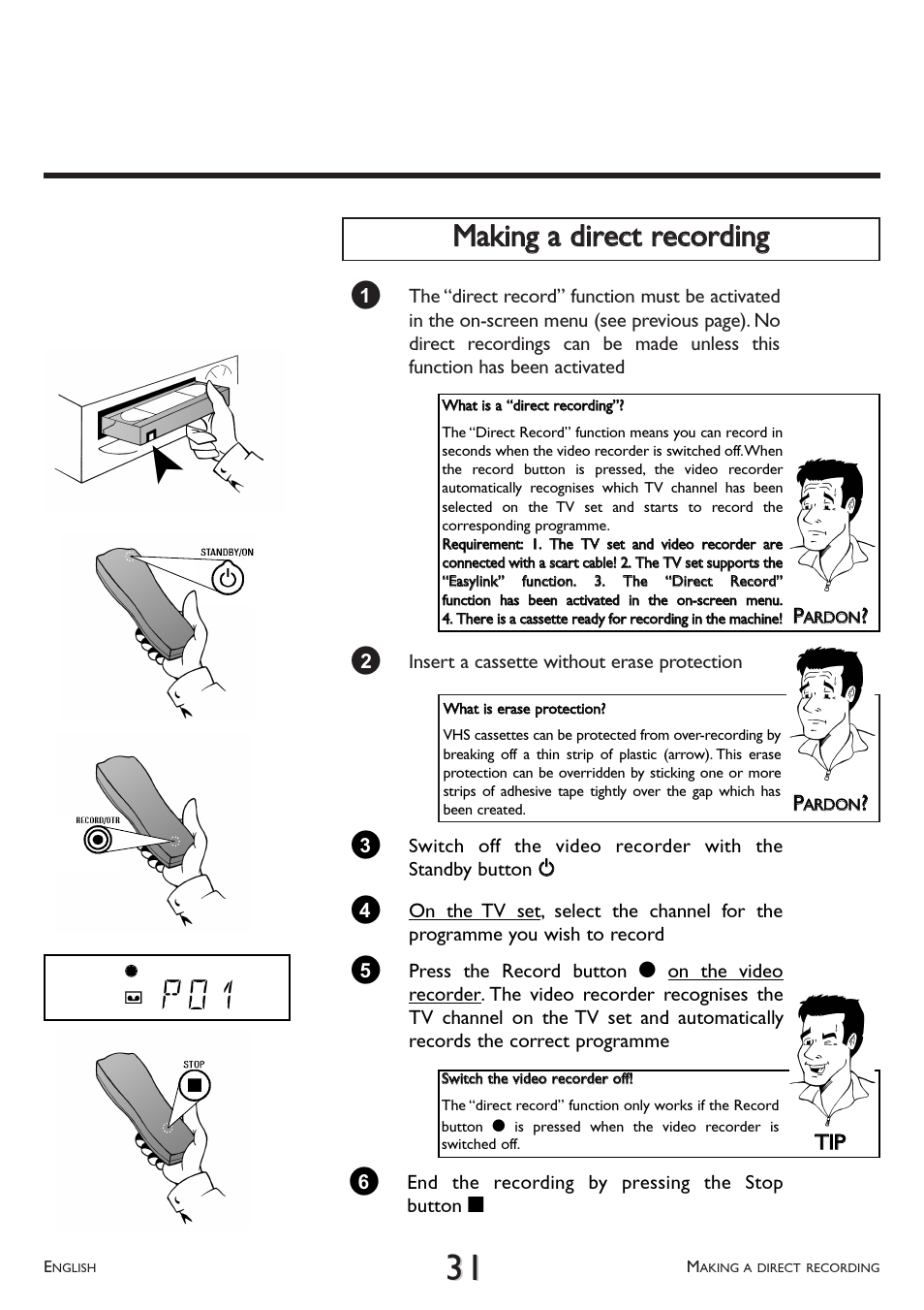 Making a direct recording, P 0 1, Mmaakkiinngg aa ddiirreecctt rreeccoorrddiinngg | Philips VR 708A/07 User Manual | Page 31 / 56