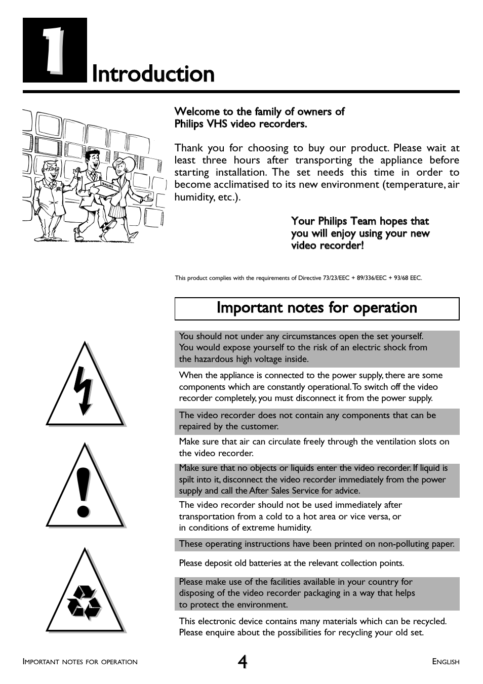 Introduction, Important notes for operation, Iinnttrroodduuccttiioonn | Philips VR 708A/07 User Manual | Page 4 / 56