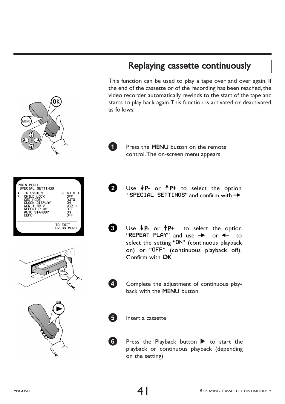 Replaying cassette continuously | Philips VR 708A/07 User Manual | Page 41 / 56