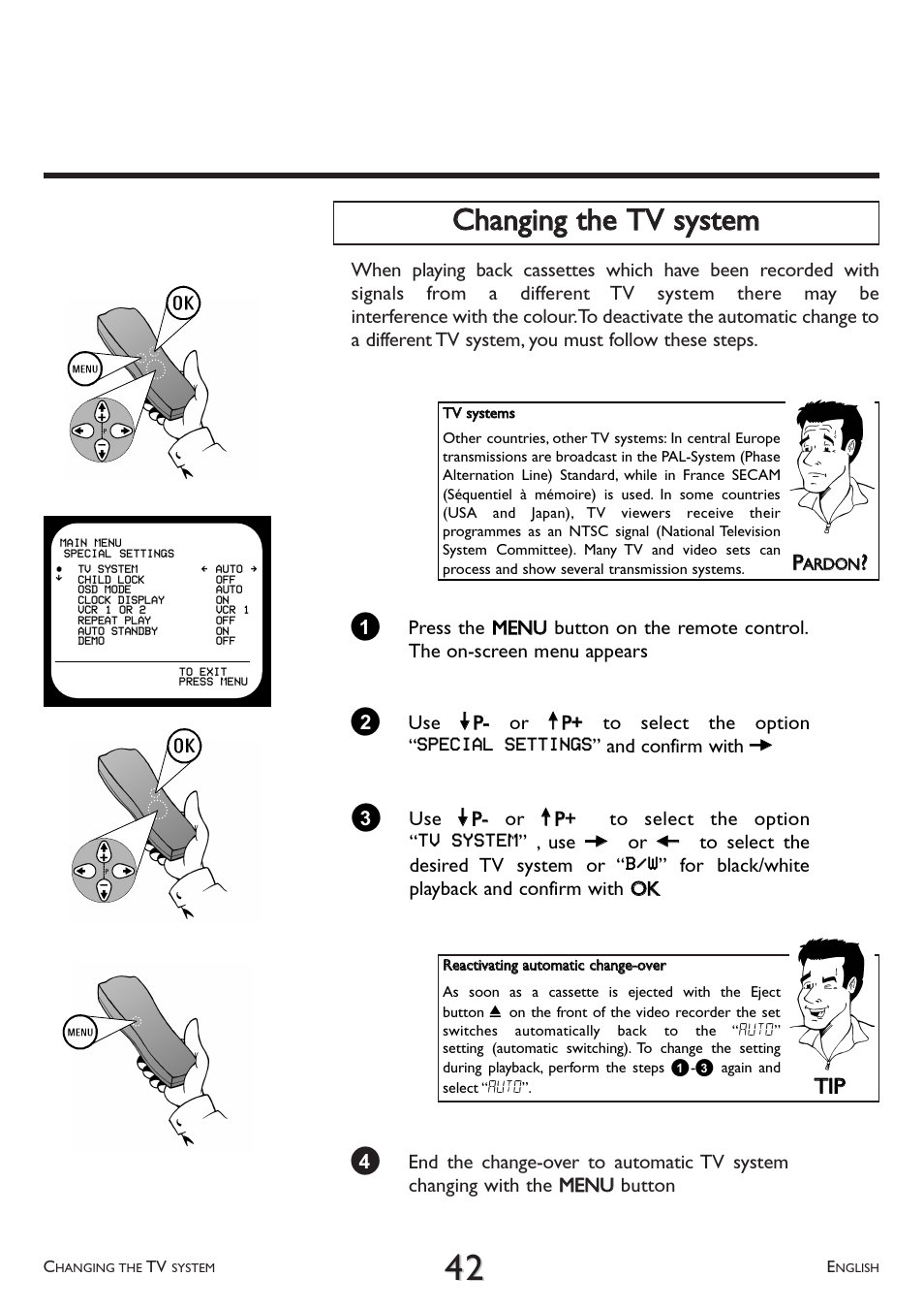 Changing the tv system, Cchhaannggiinngg tthhee ttvv ssyysstteem m, Ttiipp | Philips VR 708A/07 User Manual | Page 42 / 56
