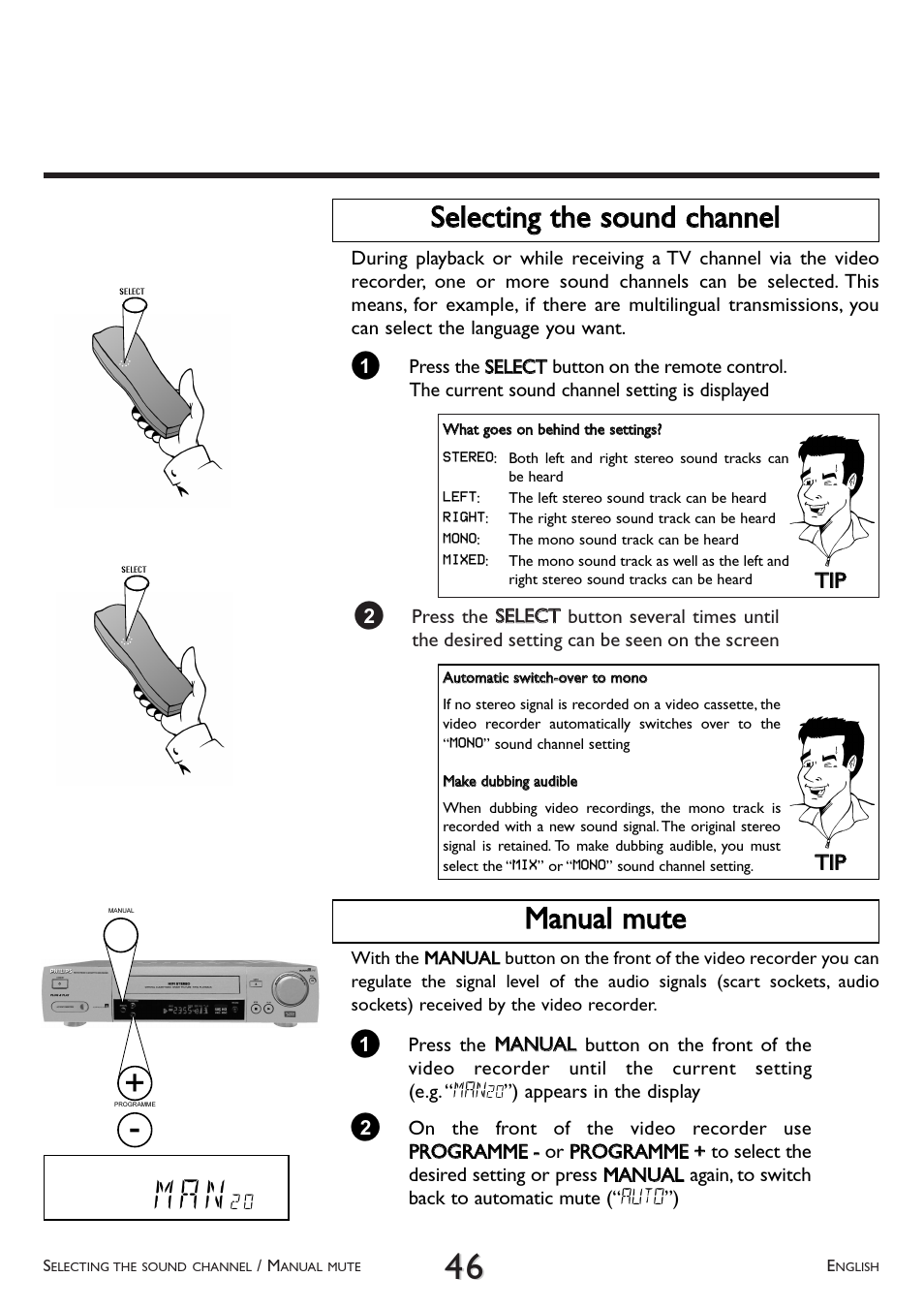 Selecting the sound channel, Manual mute, M a n | Mmaannuuaall m muuttee | Philips VR 708A/07 User Manual | Page 46 / 56