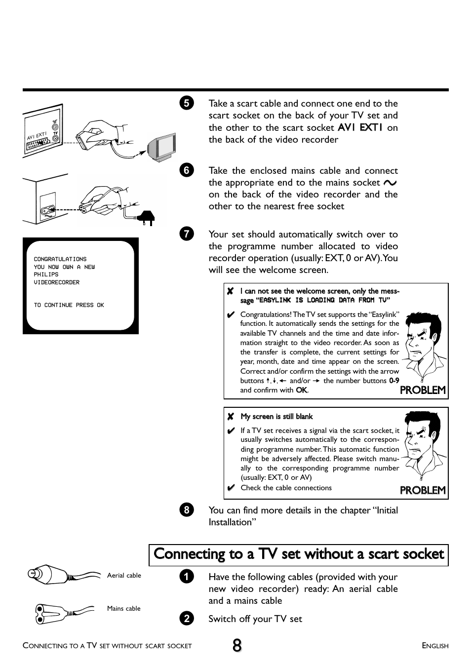 Connecting to a tv set without a scart socket, Pprro obblleem m | Philips VR 708A/07 User Manual | Page 8 / 56