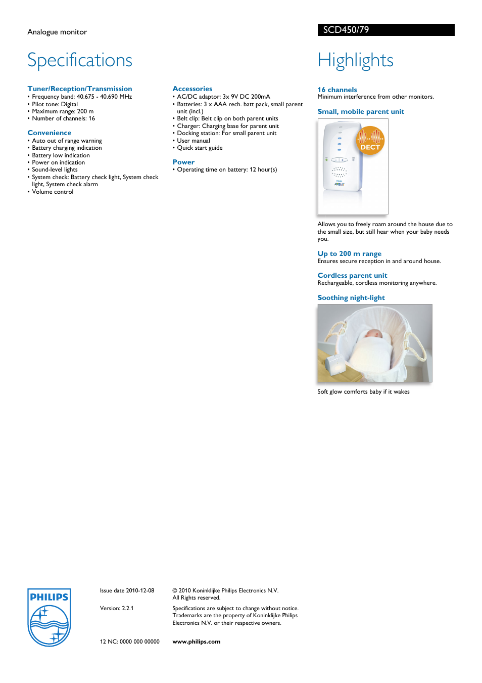 Specifications, Highlights | Philips SCD450/79 User Manual | Page 2 / 2