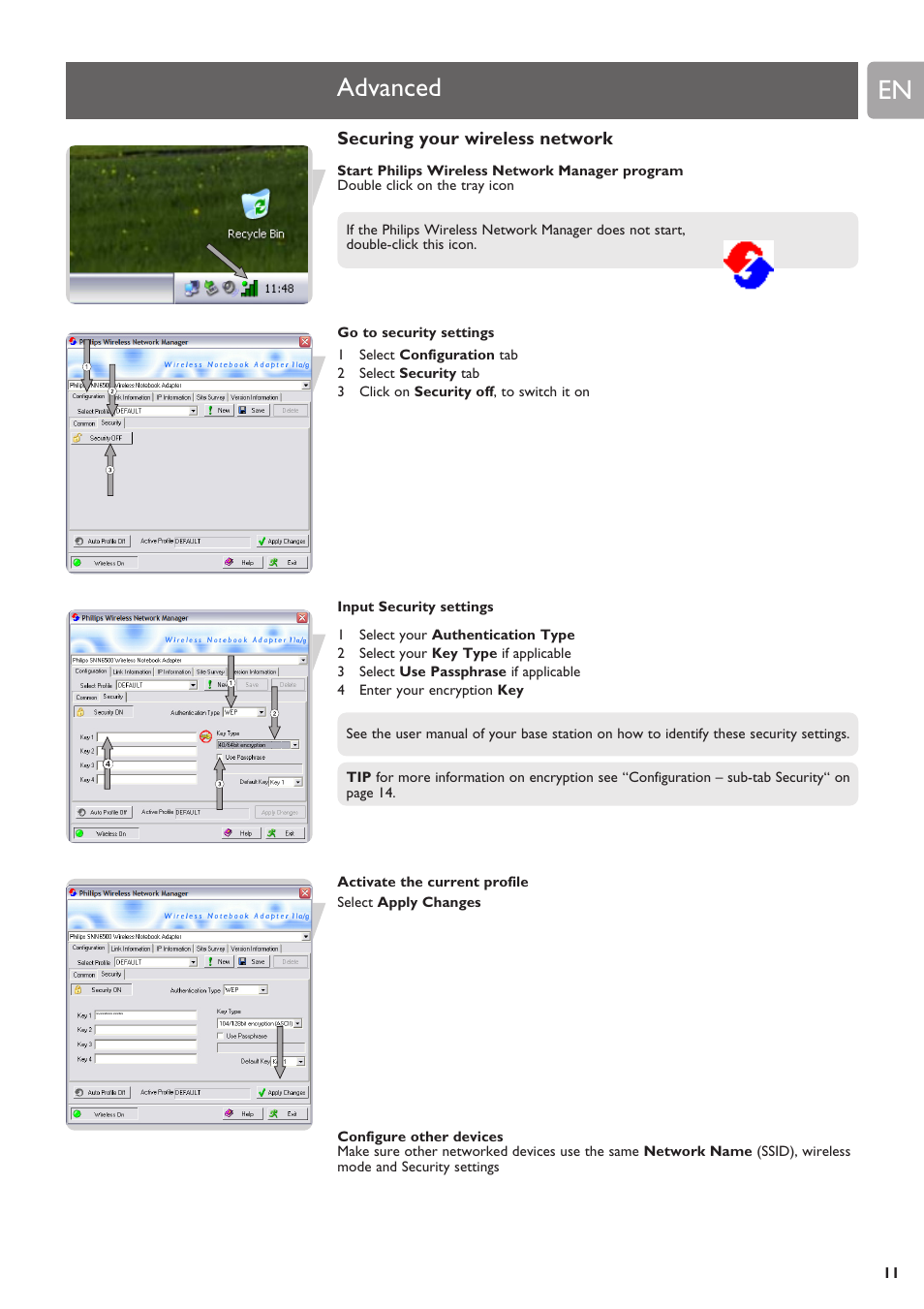 Advanced, Securing your wireless network | Philips SNN6500 User Manual | Page 11 / 25