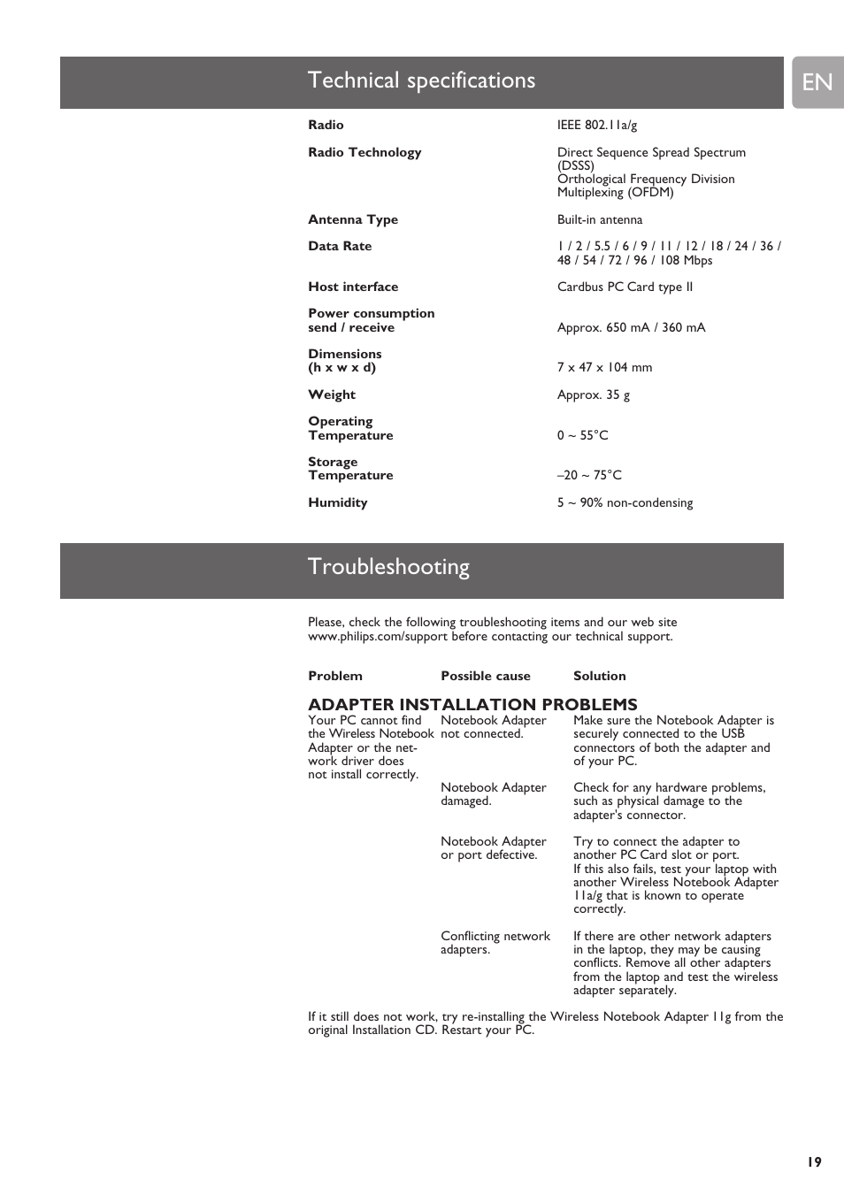 Technical specifications, Troubleshooting | Philips SNN6500 User Manual | Page 19 / 25