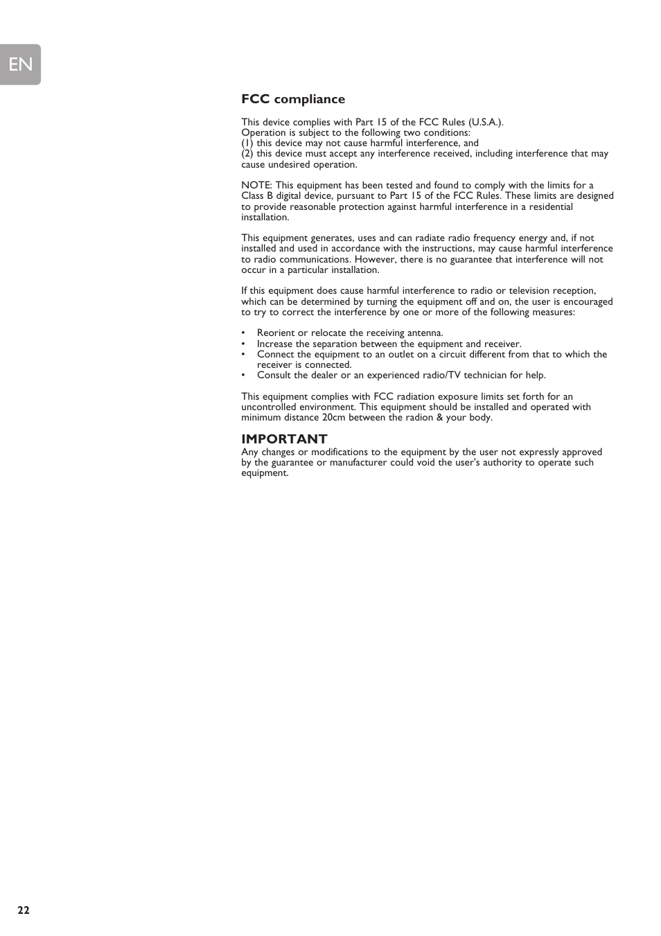 Fcc compliance | Philips SNN6500 User Manual | Page 22 / 25