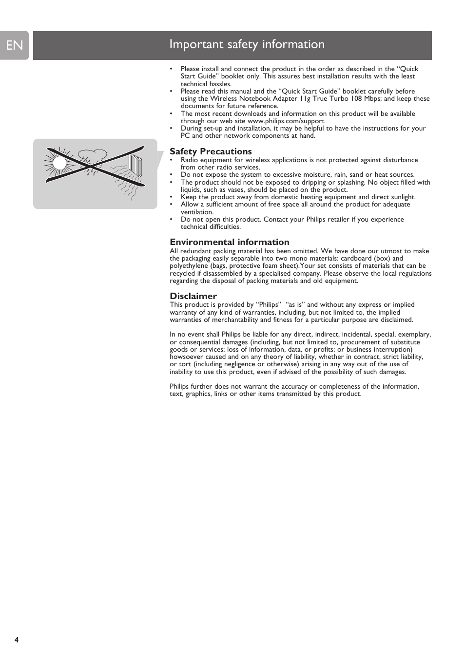 Important safety information, Safety precautions, Environmental information | Disclaimer | Philips SNN6500 User Manual | Page 4 / 25