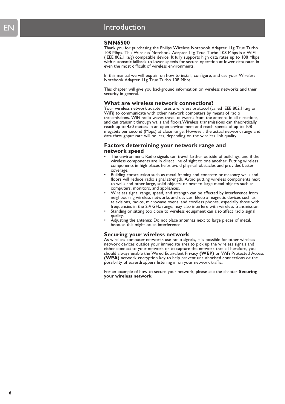 Introduction, What are wireless network connections, Securing your wireless network | Philips SNN6500 User Manual | Page 6 / 25