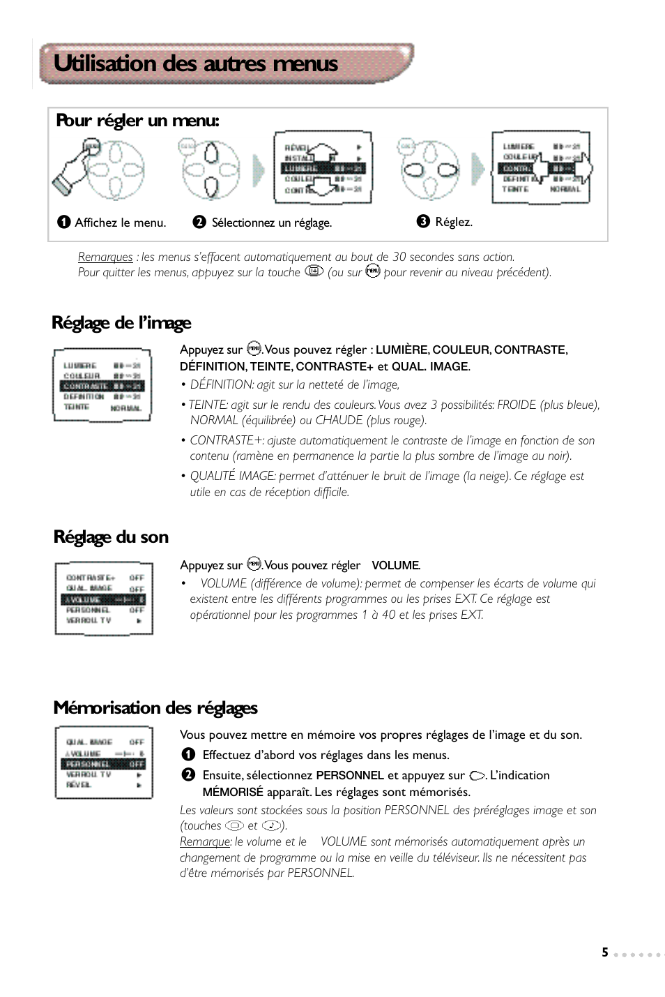 Utilisation des autres menus, Réglage du son | Philips 14PT1347 User Manual | Page 13 / 64