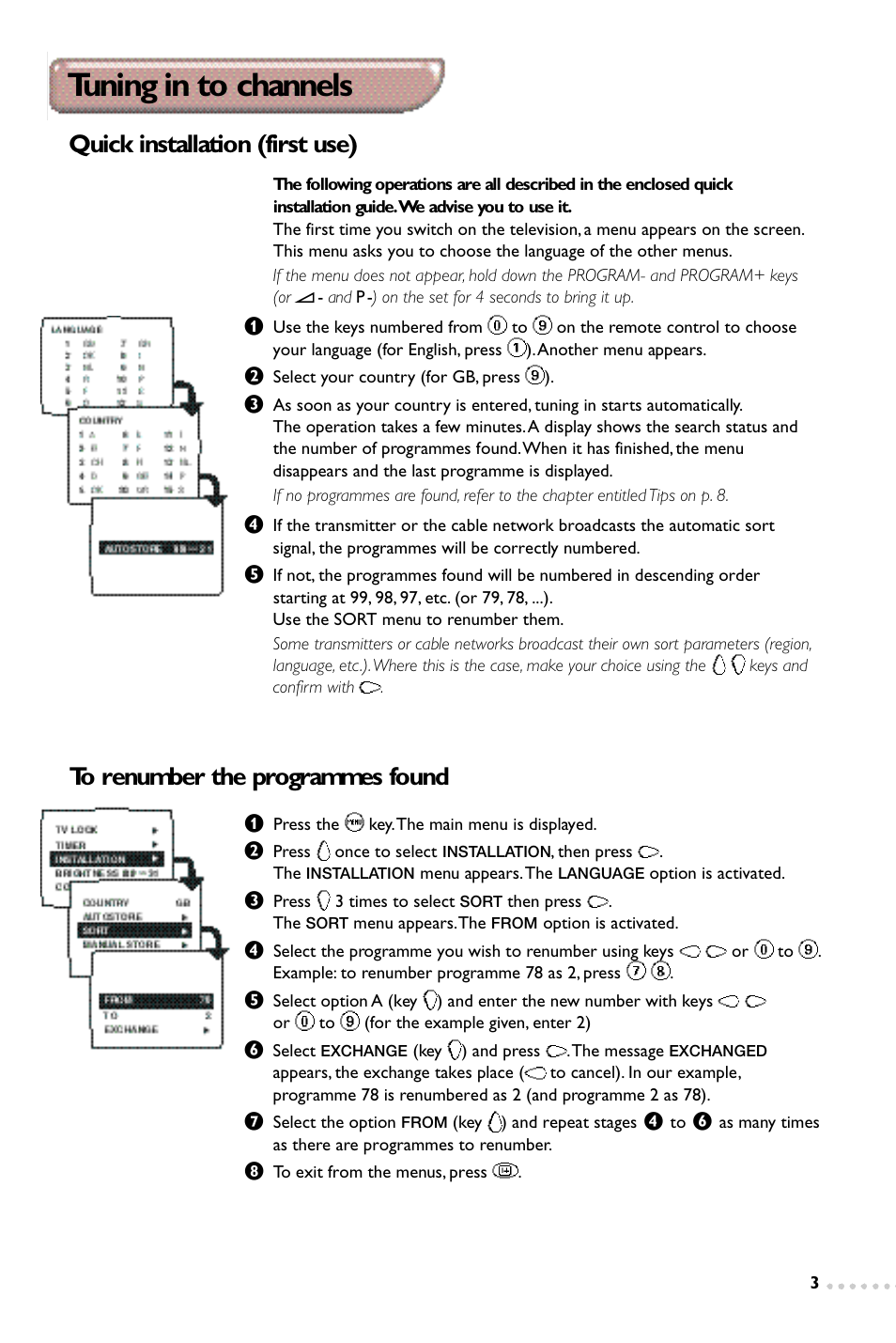 Tuning in to channels, Quick installation (first use) | Philips 14PT1347 User Manual | Page 3 / 64