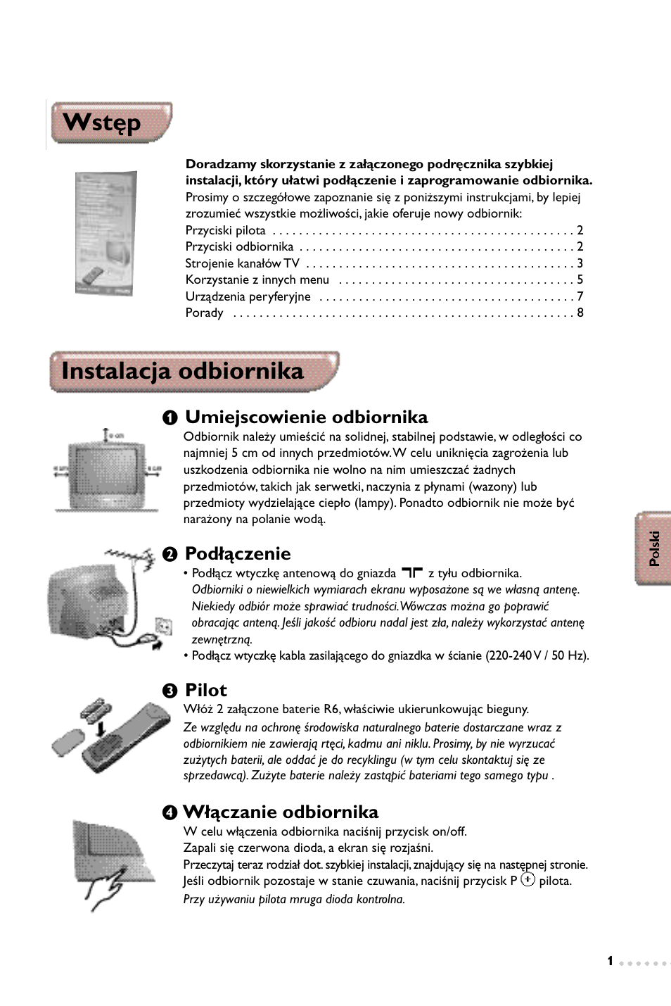 Wstęp, Instalacja odbiornika, Umiejscowienie odbiornika | Podłączenie, Pilot, Włączanie odbiornika | Philips 14PT1347 User Manual | Page 33 / 64