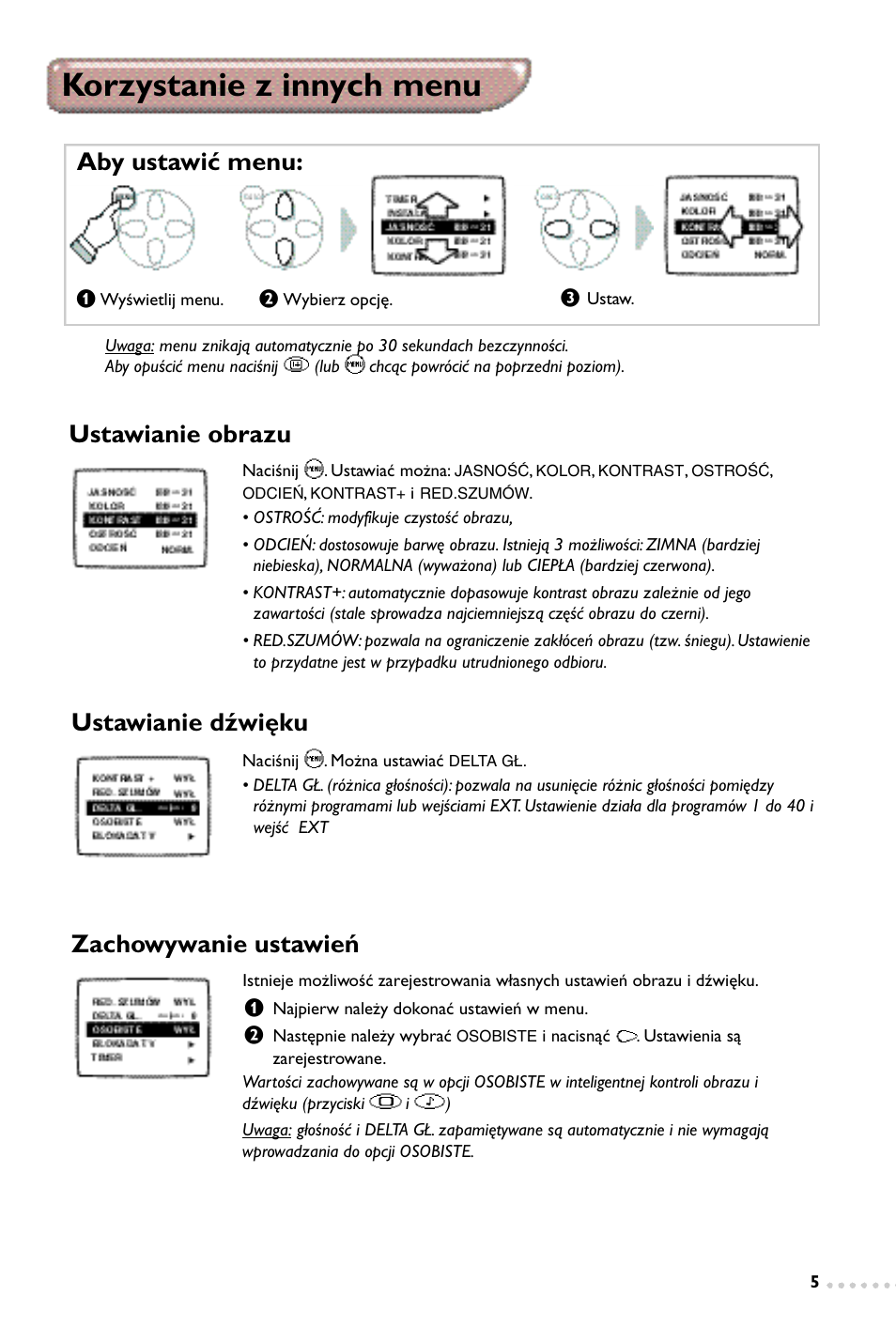 Korzystanie z innych menu, Aby ustawić menu, Ustawianie dźwięku | Ustawianie obrazu zachowywanie ustawień | Philips 14PT1347 User Manual | Page 37 / 64