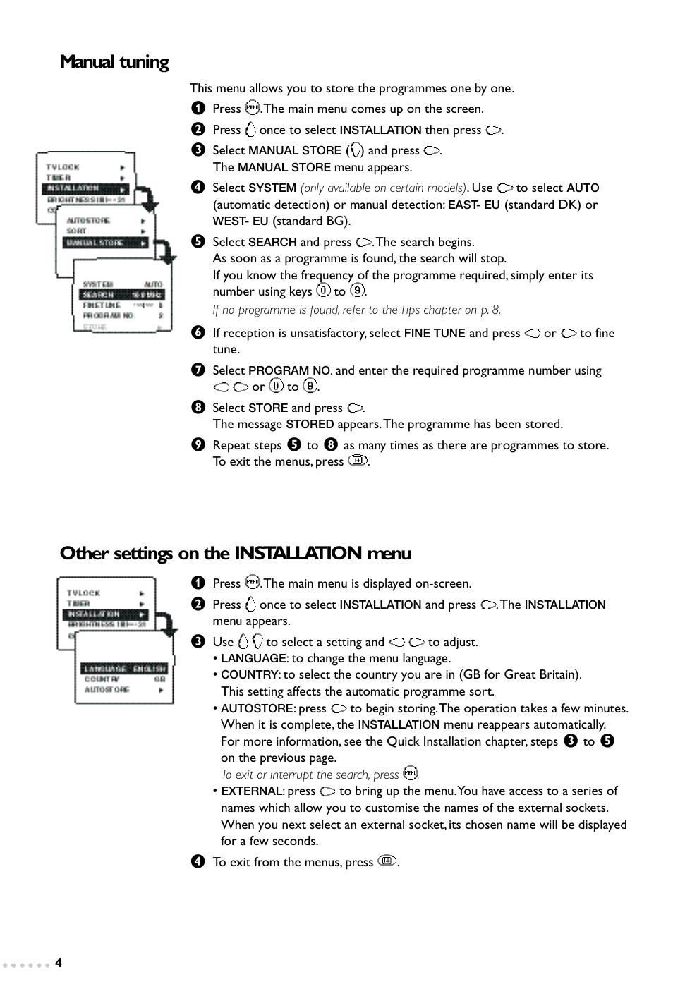 Manual tuning, Other settings on the installation menu | Philips 14PT1347 User Manual | Page 4 / 64