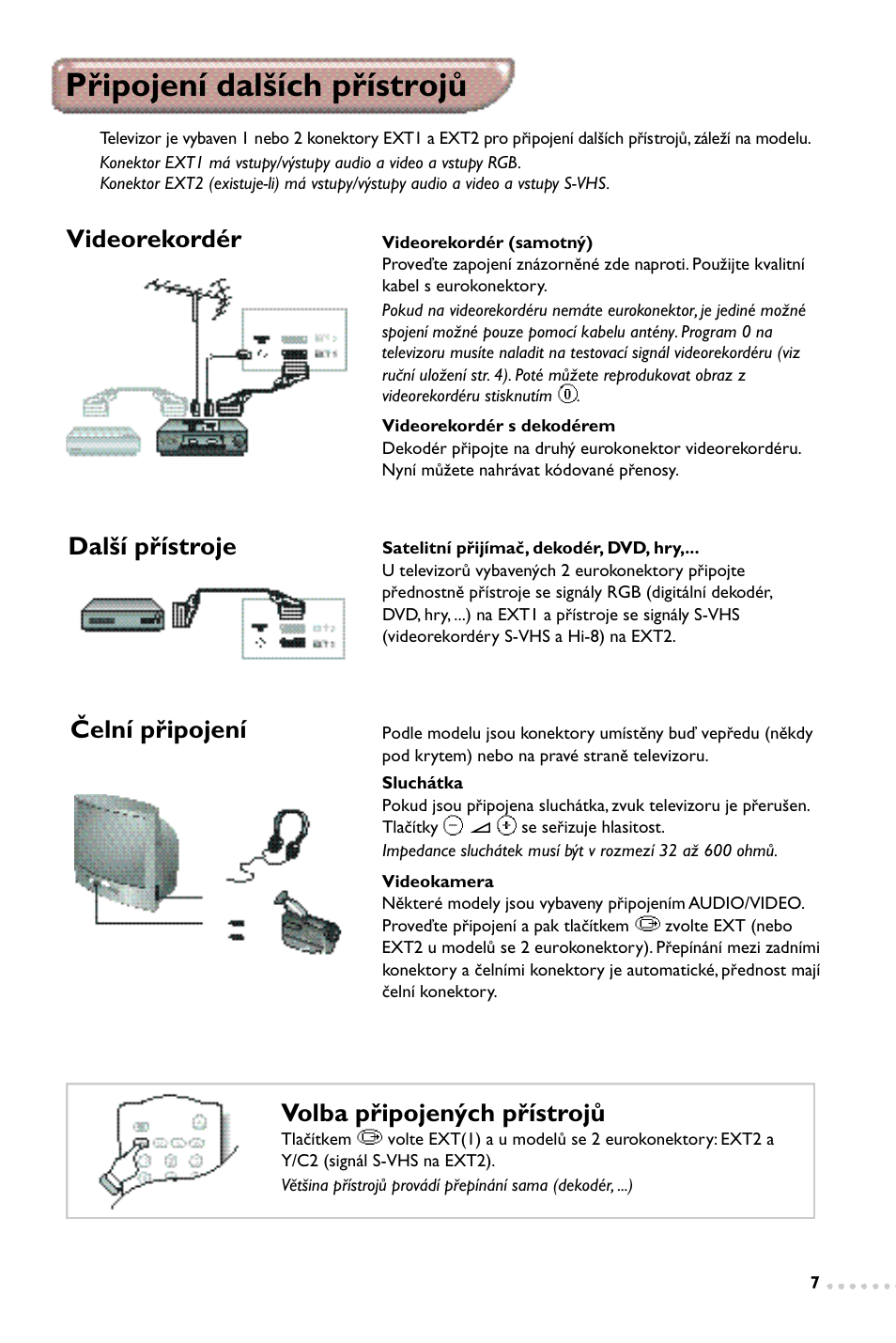 Připojení dalších přístrojů, Volba připojených přístrojů, Čelní připojení | Videorekordér, Další přístroje | Philips 14PT1347 User Manual | Page 47 / 64