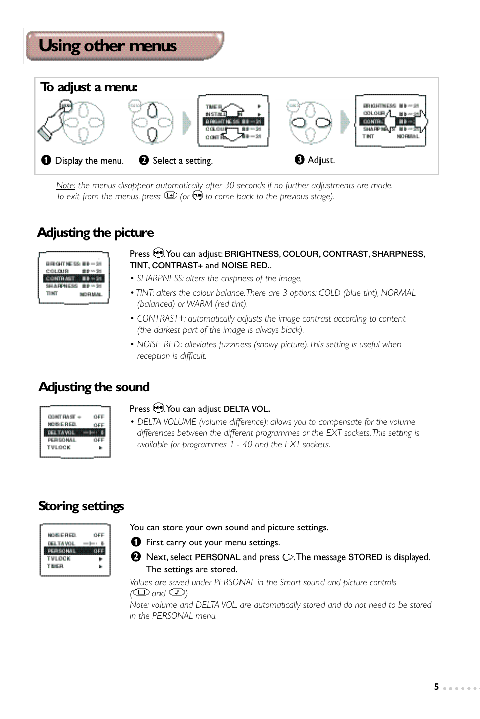 Using other menus, Adjusting the sound, Adjusting the picture storing settings | Philips 14PT1347 User Manual | Page 5 / 64