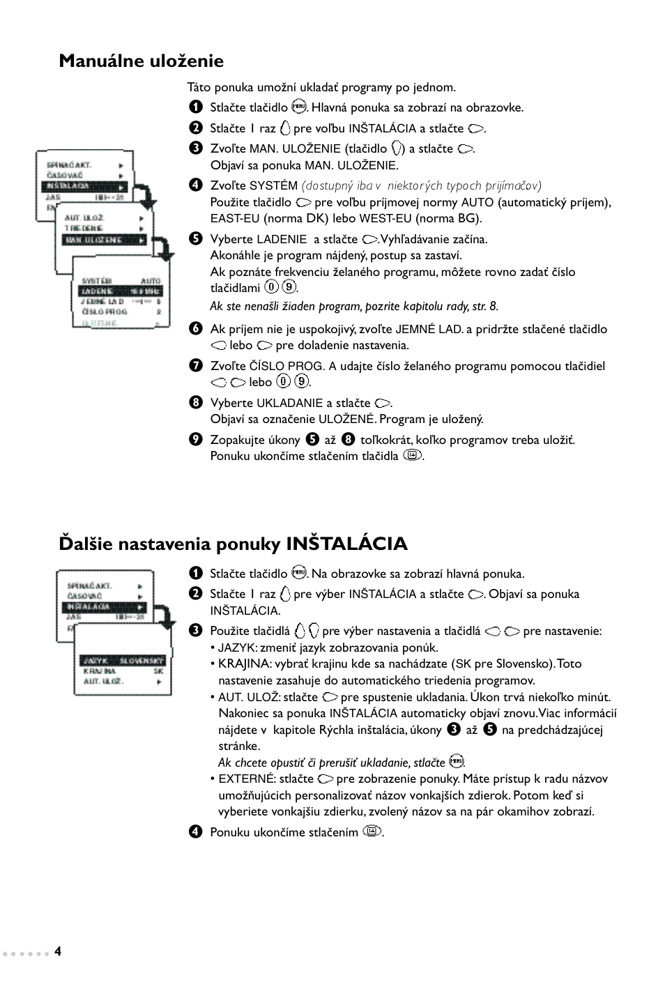 Manuálne uloženie, Ďalšie nastavenia ponuky inštalácia | Philips 14PT1347 User Manual | Page 52 / 64