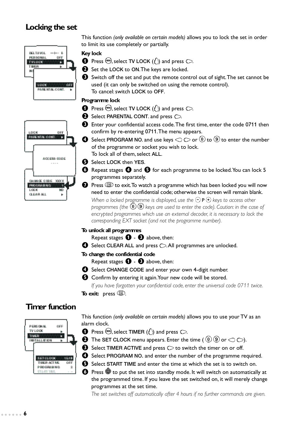 Locking the set timer function | Philips 14PT1347 User Manual | Page 6 / 64