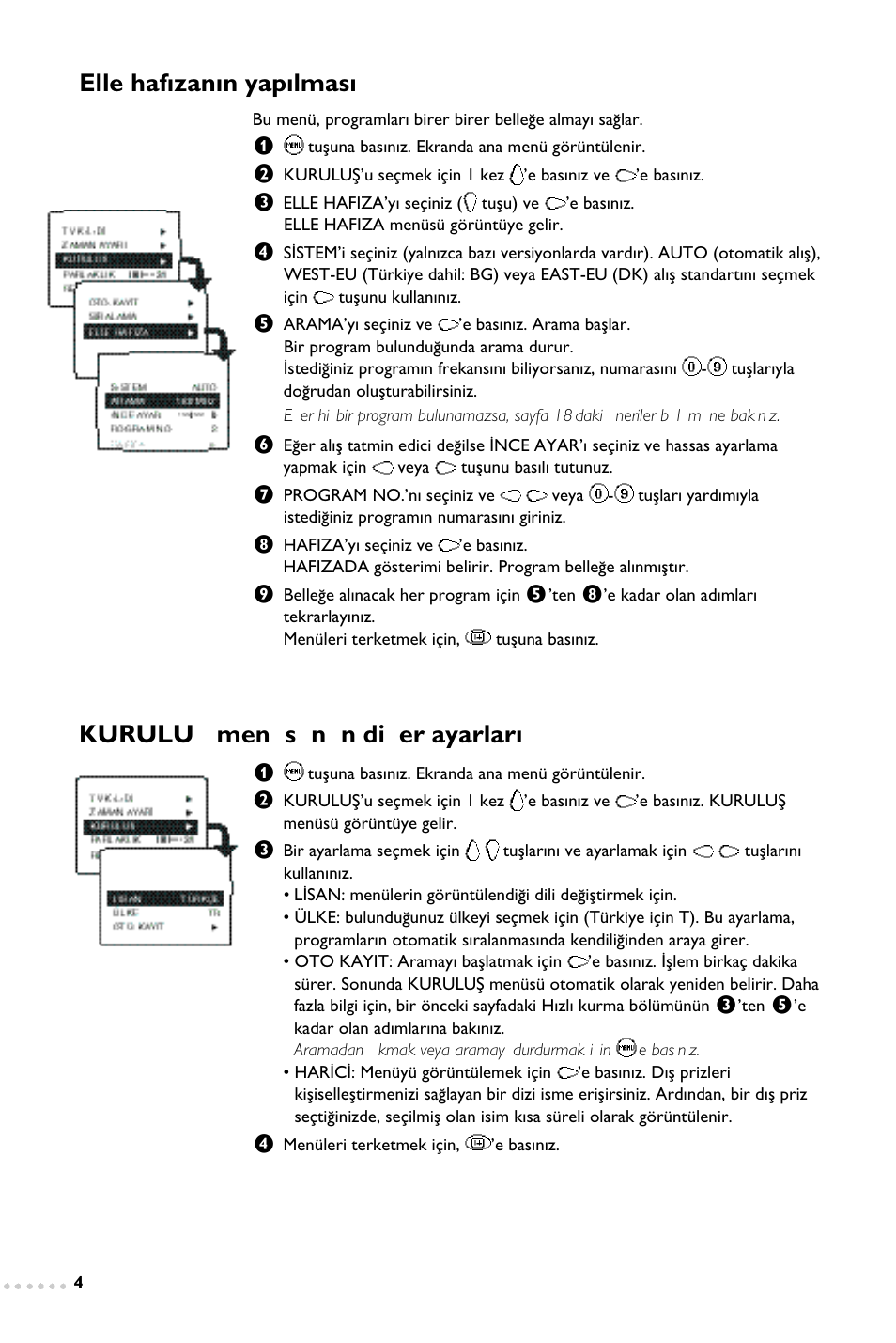 Elle haf›zan›n yap›lmas, Kurulufi menüsünün di¤er ayarlar | Philips 14PT1347 User Manual | Page 60 / 64