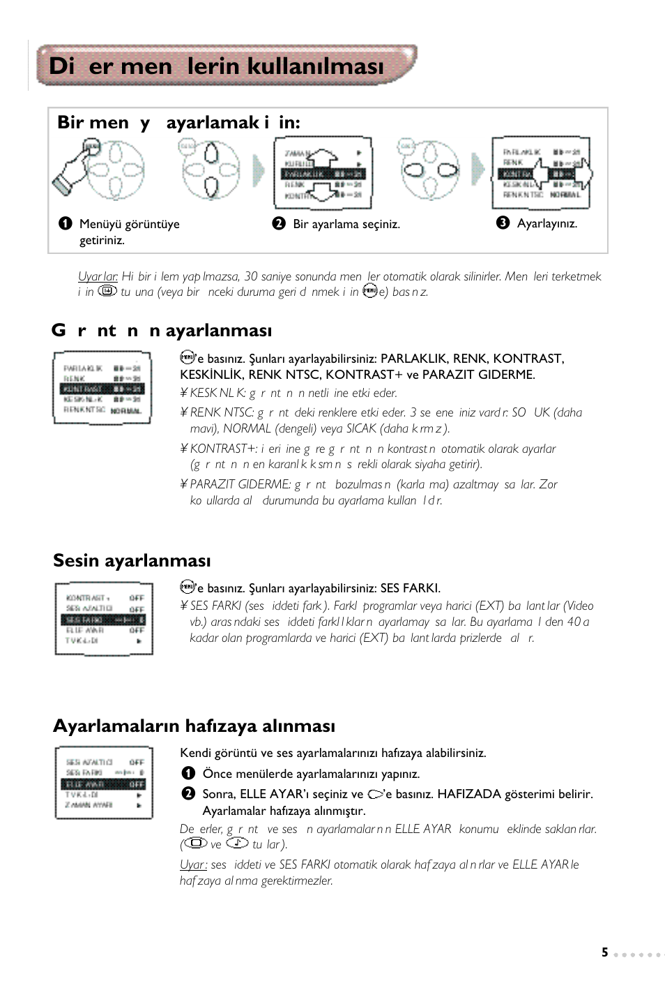 Di¤er menülerin kullan›lmas, Sesin ayarlanmas | Philips 14PT1347 User Manual | Page 61 / 64