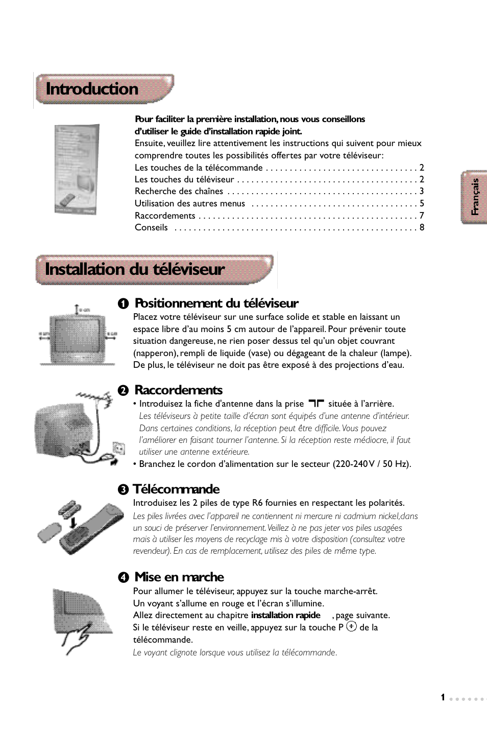 Introduction, Installation du téléviseur, Positionnement du téléviseur | Raccordements, Télécommande, Mise en marche | Philips 14PT1347 User Manual | Page 9 / 64