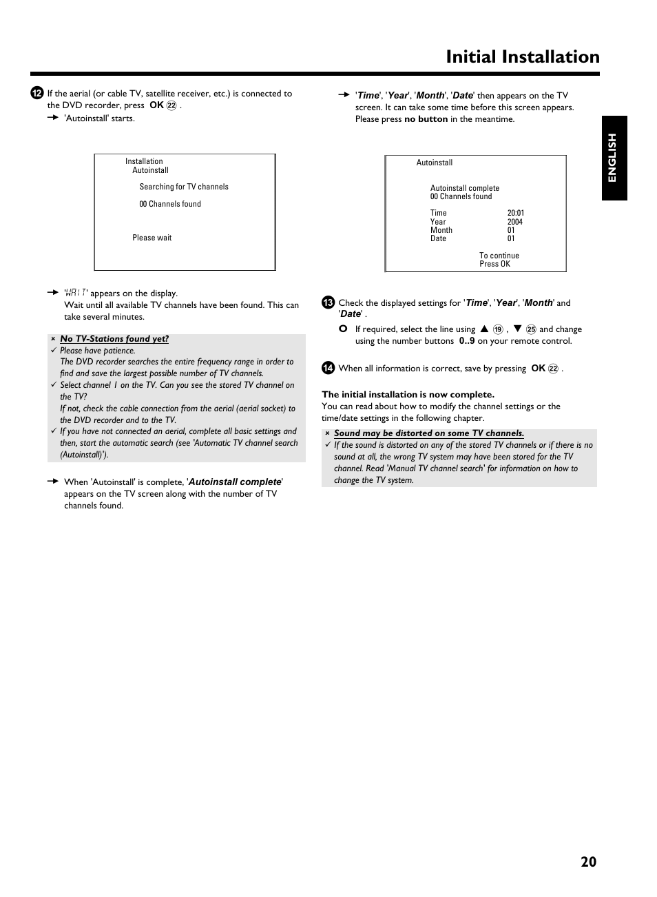 Initial installation | Philips DVDR 725H/05 User Manual | Page 25 / 116