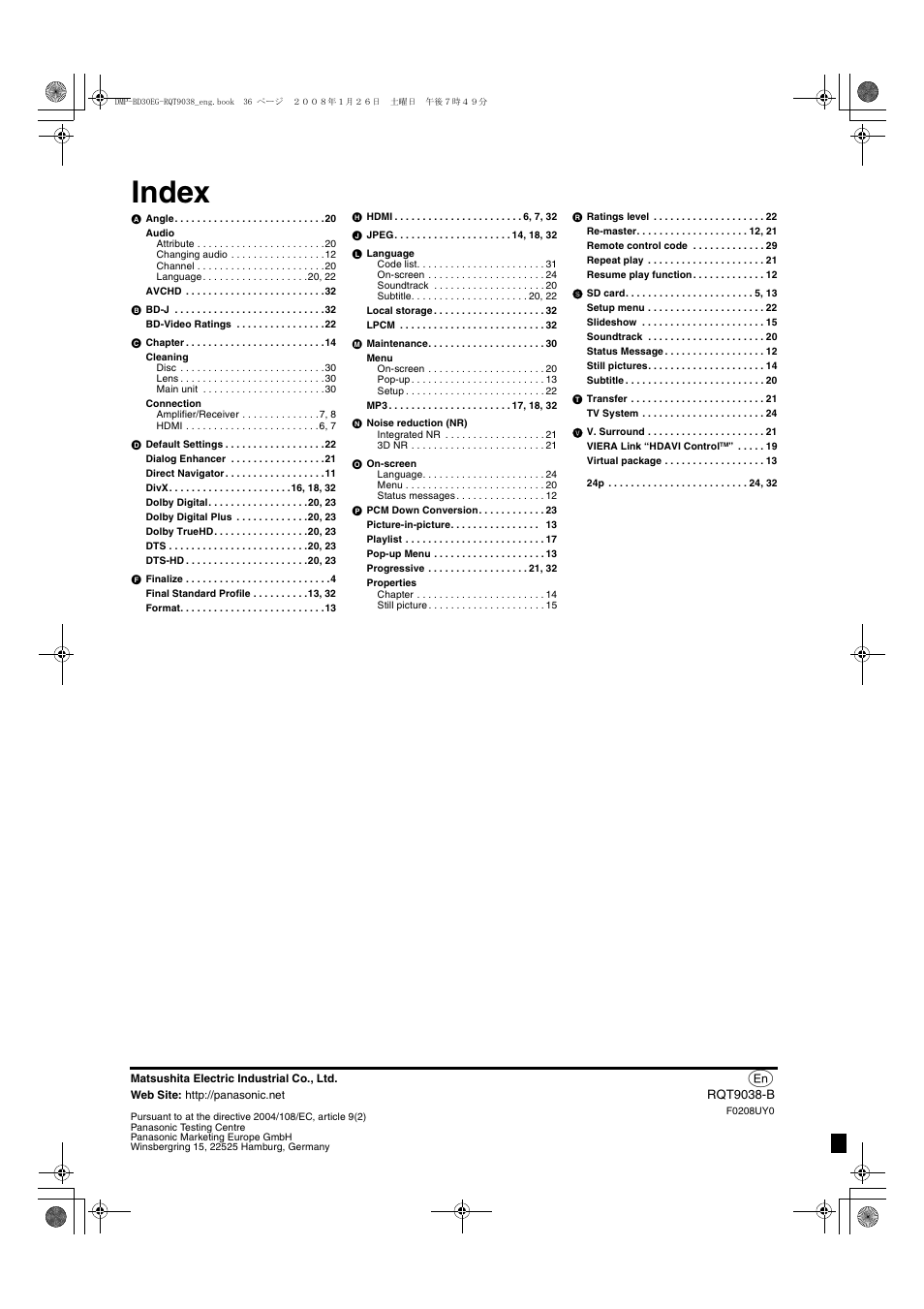 Index | Philips DMP-BD30 User Manual | Page 36 / 36