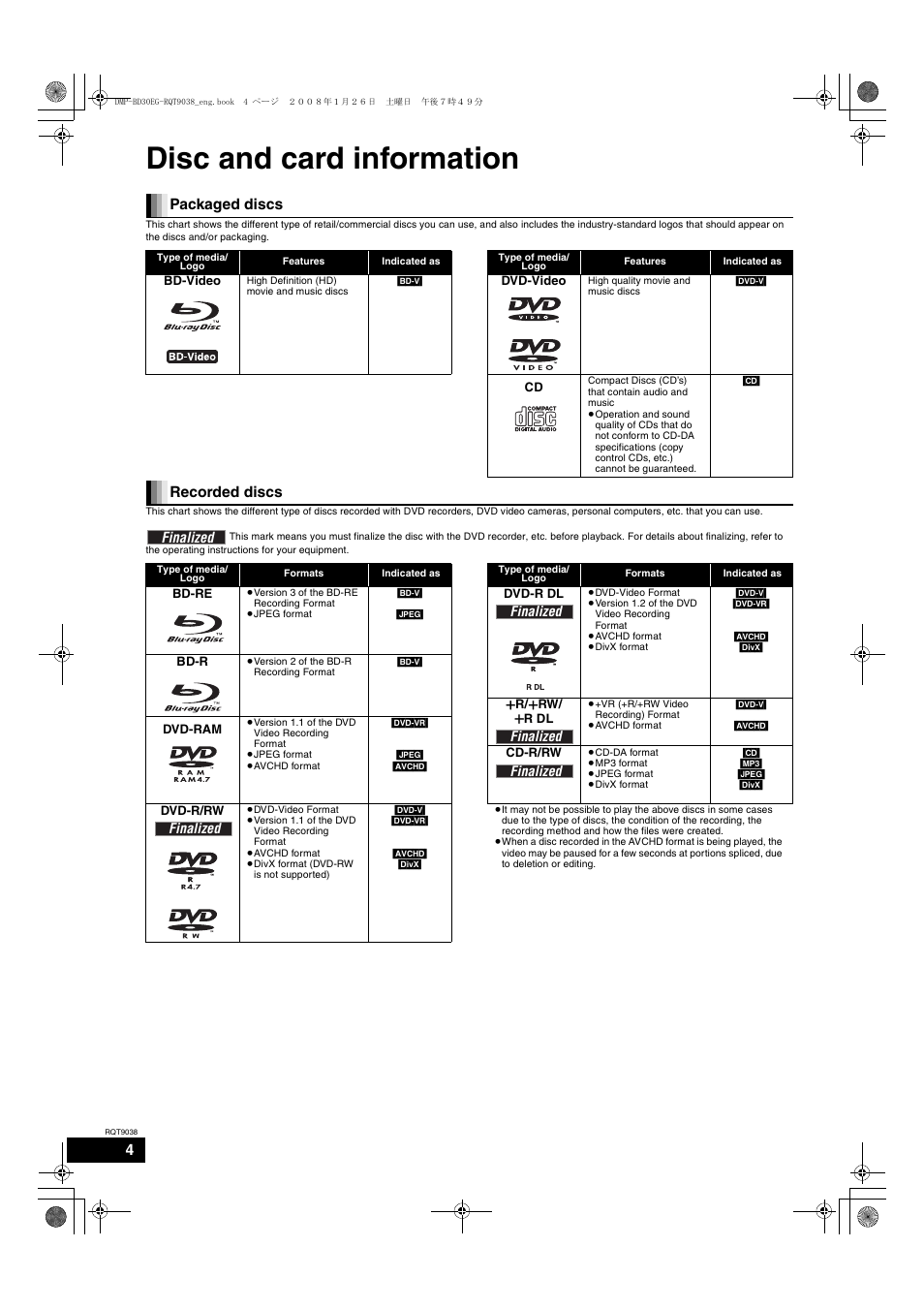 Disc and card information, Packaged discs, Recorded discs | Philips DMP-BD30 User Manual | Page 4 / 36