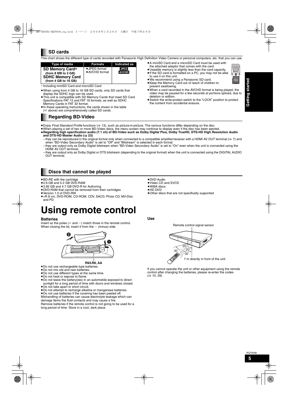 Using remote control, Sd cards, Regarding bd-video | Discs that cannot be played | Philips DMP-BD30 User Manual | Page 5 / 36