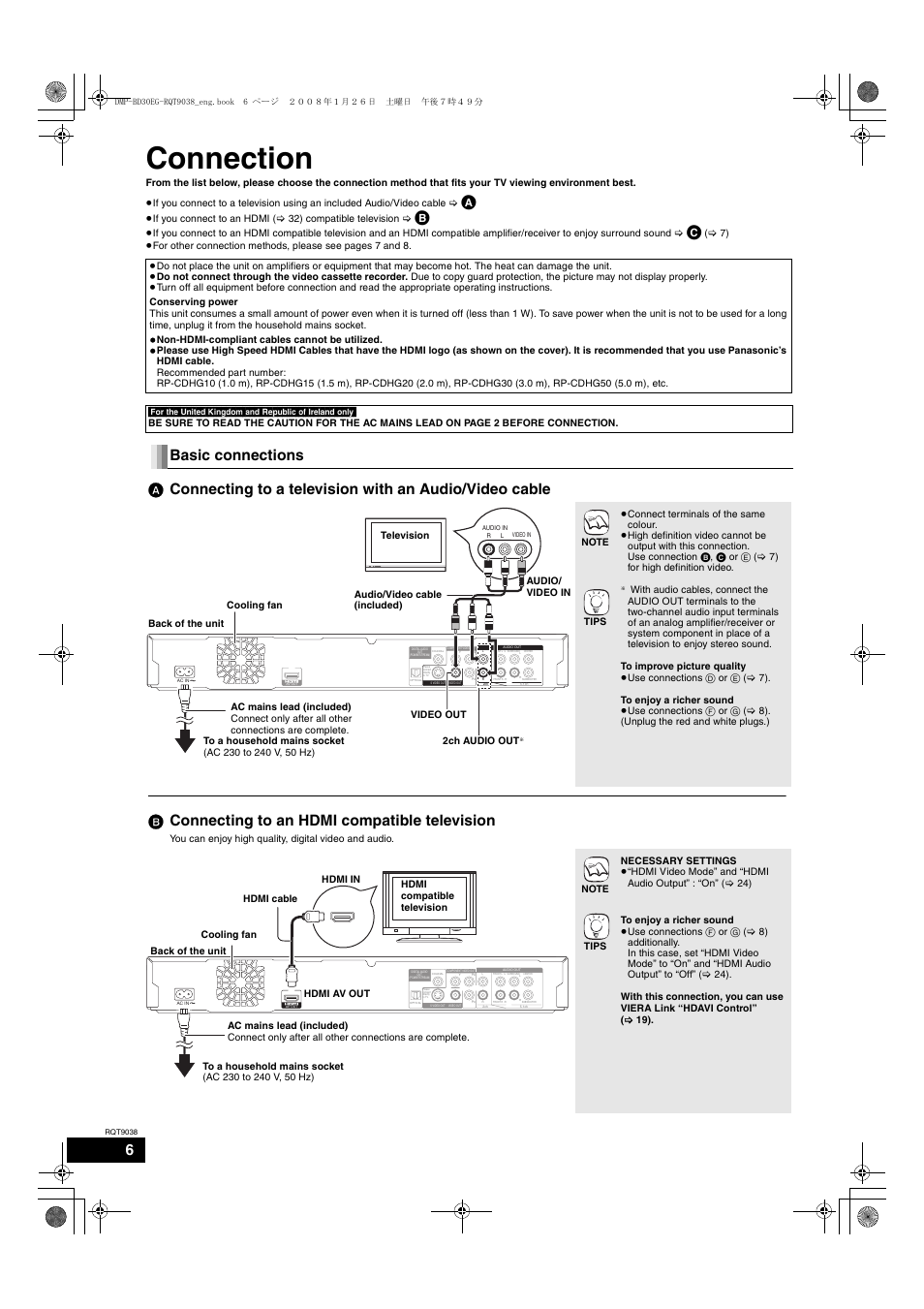 Connection, B connecting to an hdmi compatible television | Philips DMP-BD30 User Manual | Page 6 / 36