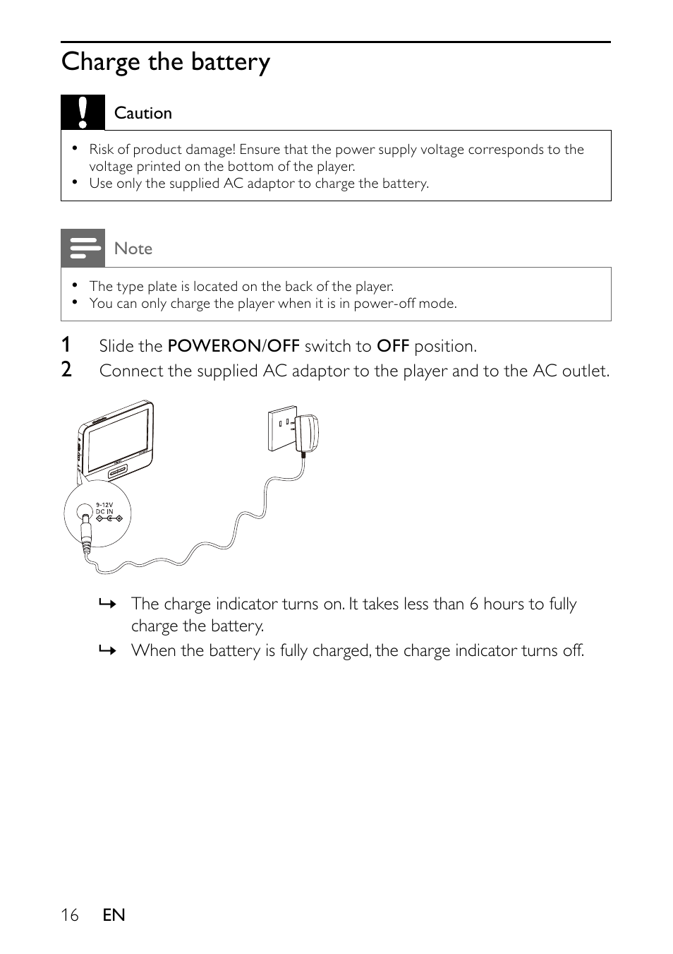 Charge the battery | Philips PVD900/37 User Manual | Page 16 / 30