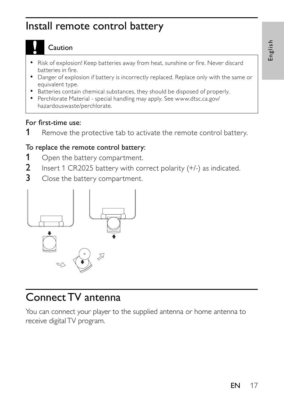 Install remote control battery, Connect tv antenna | Philips PVD900/37 User Manual | Page 17 / 30