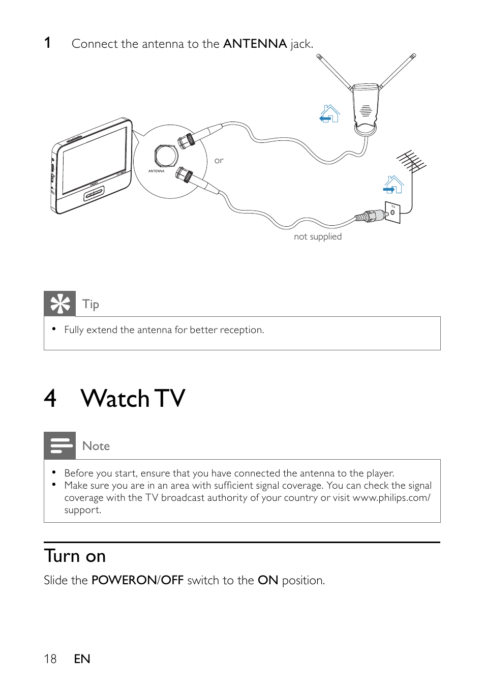 4 watch tv, Turn on | Philips PVD900/37 User Manual | Page 18 / 30