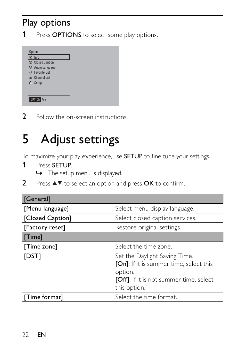 5 adjust settings, Play options | Philips PVD900/37 User Manual | Page 22 / 30