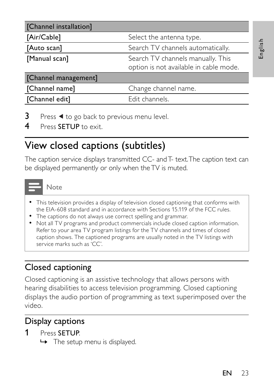 View closed captions (subtitles), Closed captioning, Display captions 1 | Philips PVD900/37 User Manual | Page 23 / 30