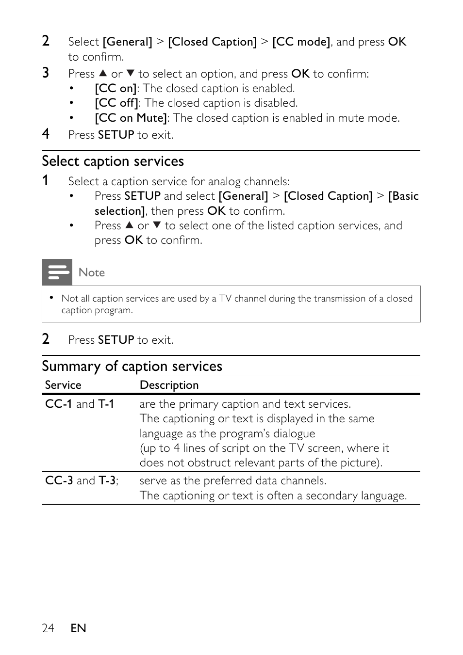 Select caption services 1, Summary of caption services | Philips PVD900/37 User Manual | Page 24 / 30