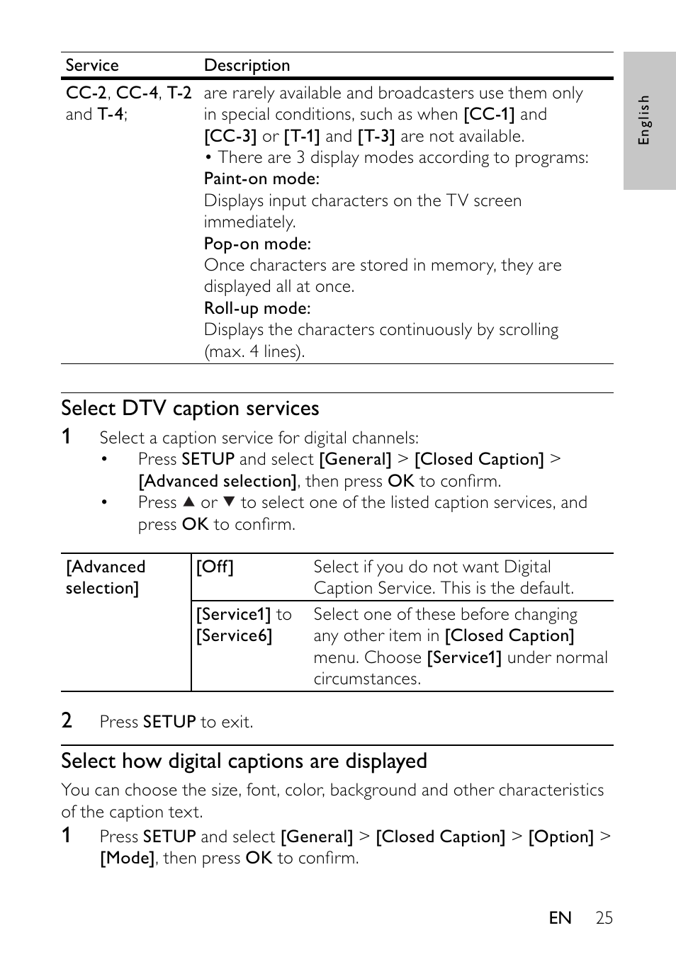 Select dtv caption services 1, Select how digital captions are displayed | Philips PVD900/37 User Manual | Page 25 / 30