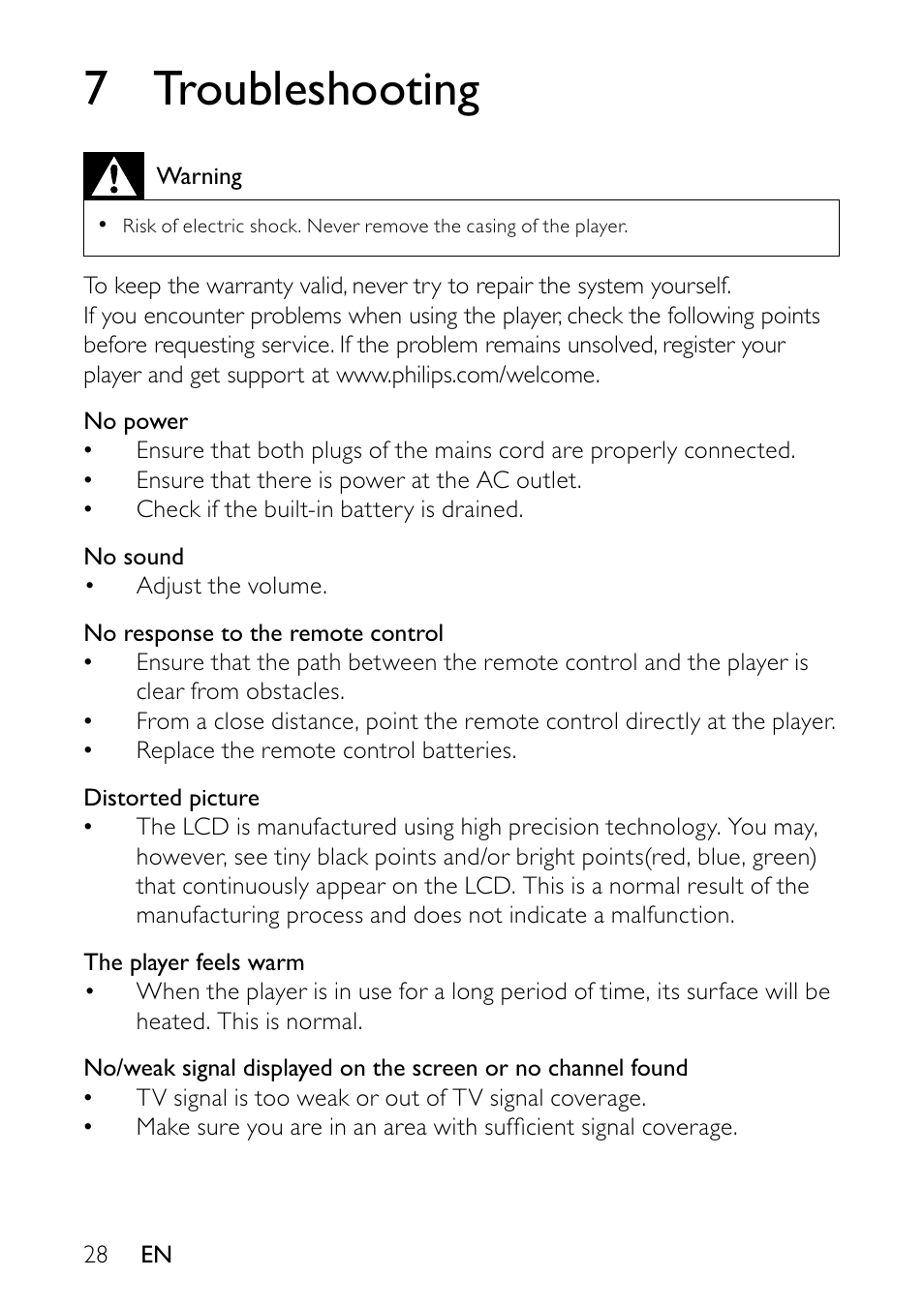 7 troubleshooting | Philips PVD900/37 User Manual | Page 28 / 30