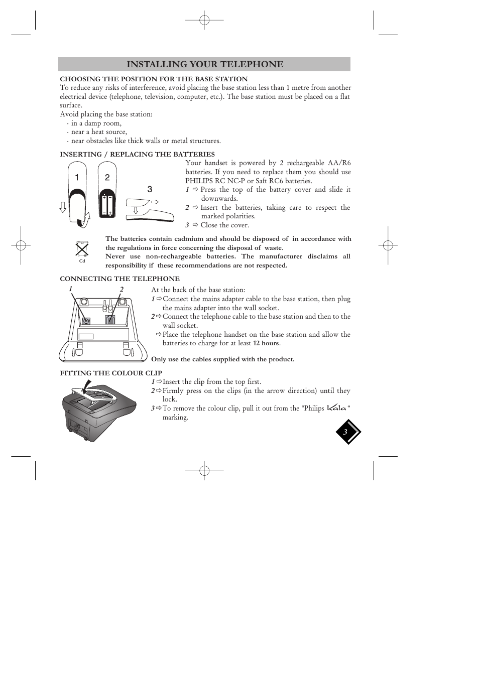Installing your telephone, Choosing the position for the base station, Inserting / replacing the batteries | Connecting the telephone, Fitting the color clip | Philips HALO SURFACE H2220 User Manual | Page 4 / 12