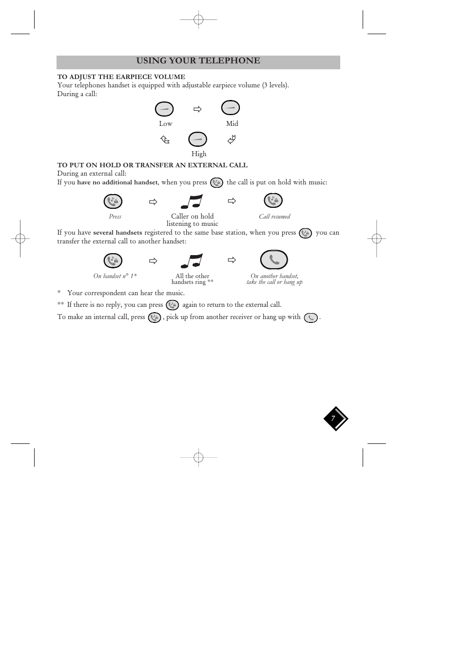 To adjust the earpiece volume, To put on hold or transfer an external call, Рз г р р | Using your telephone | Philips HALO SURFACE H2220 User Manual | Page 8 / 12